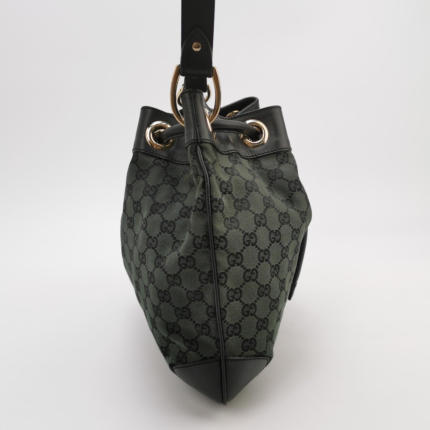 Gucci - GG Monogram Canvas Drawstring Bucket Bag - Canvas with leather trim - Dark Green with Black Trim - (Medium)