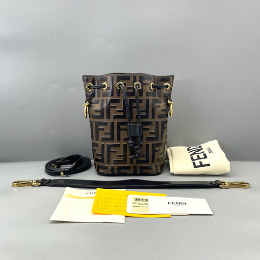 Fendi - Mon Tresor Mini Bucket Bag - Embossed leather - Brown and Black with Gold-Tone Hardware - (mini)