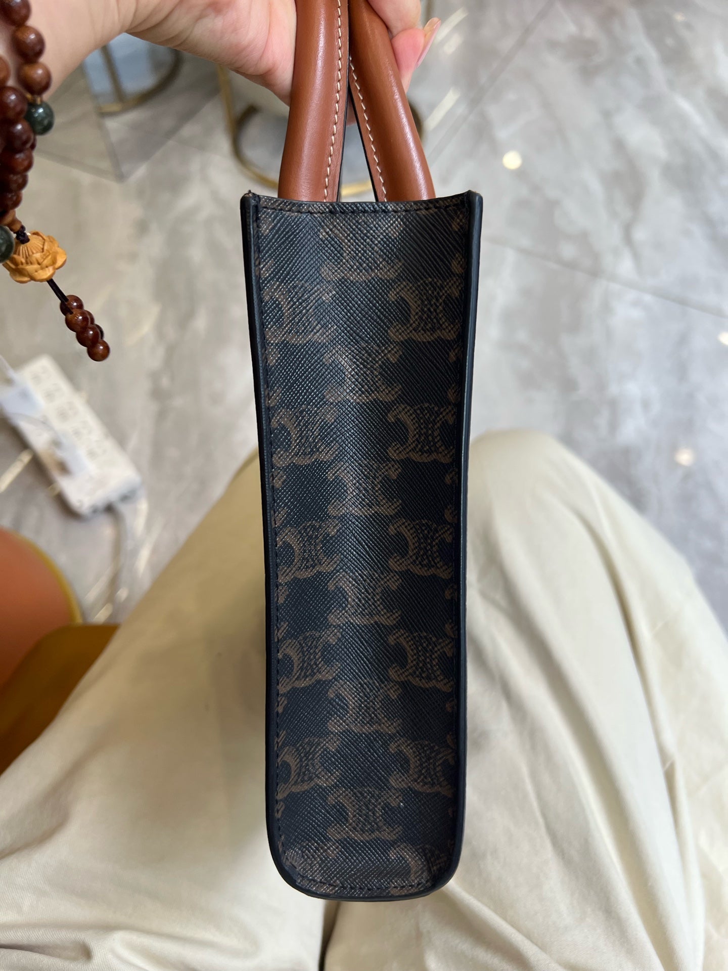 Celine - Cabas Vertical Mini - Triomphe coated canvas and calfskin leather - Brown - (mini)