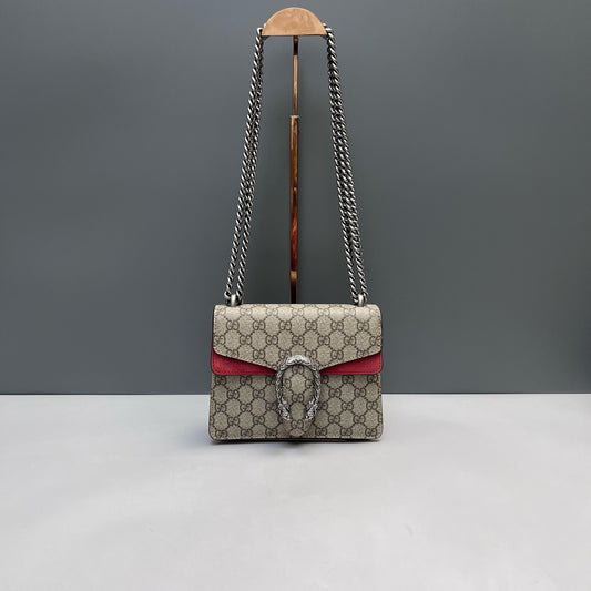 Gucci - Dionysus Small Shoulder Bag - GG Supreme canvas and Suede - Beige and Red - (Small)