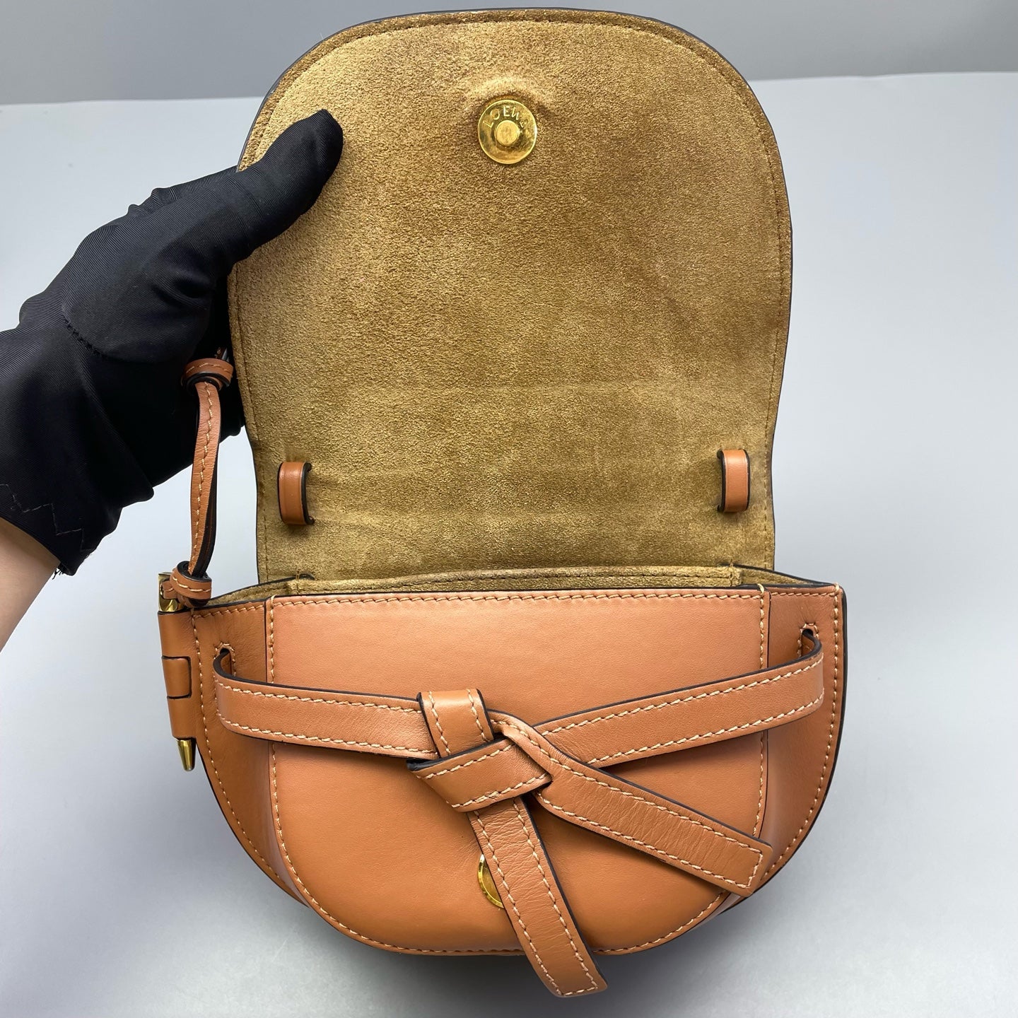 Loewe - Gate Mini - Calfskin leather with suede lining, fabric strap - Caramel with beige/brown strap - (mini)