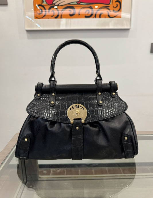 Fendi - Logo Crocodile Embossed Satchel - Leather - Black - (medium)
