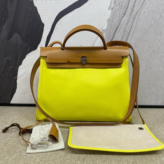 Hermes - Herbag 31 - Canvas and Barenia leather - Yellow with Brown Accents - (Medium)