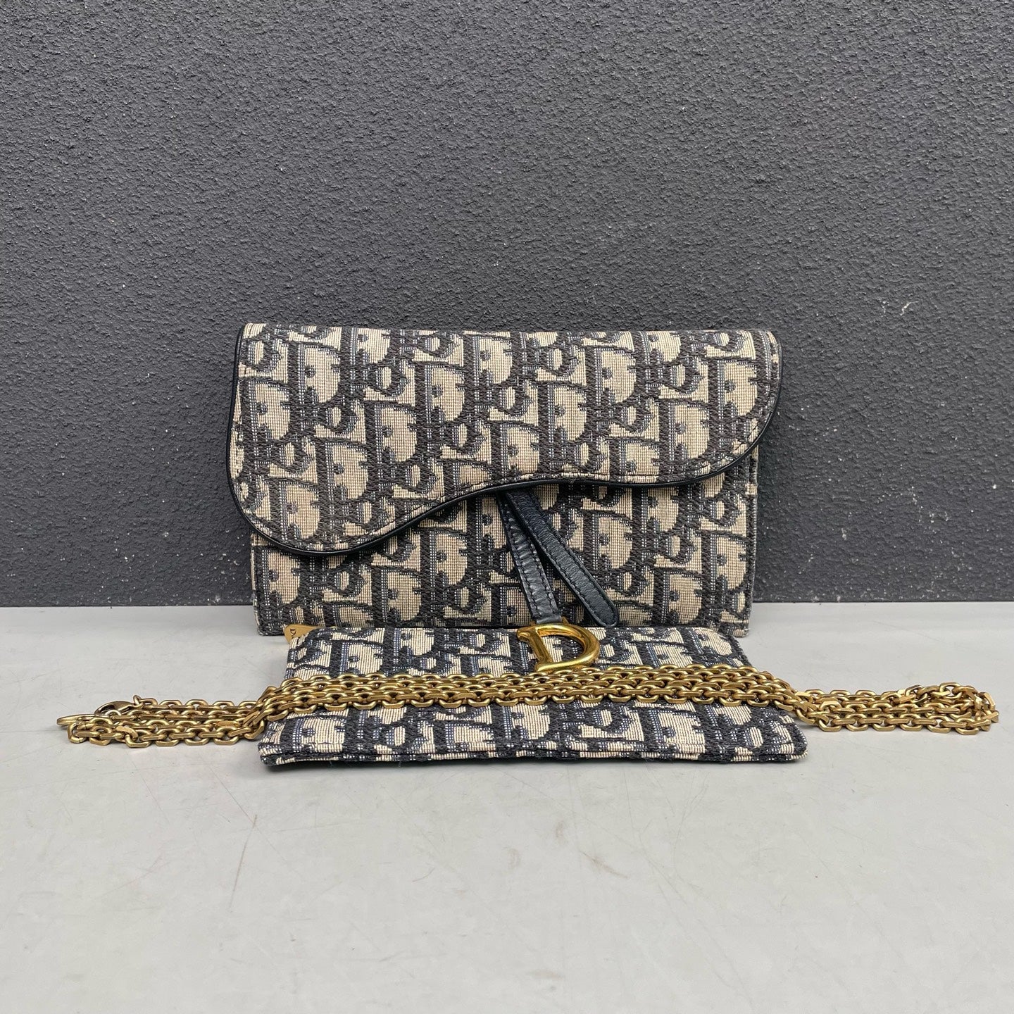 Dior - Saddle Two-in-One WOC Chain Bag - Embroidered Oblique canvas with leather trim - Blue - (mini)