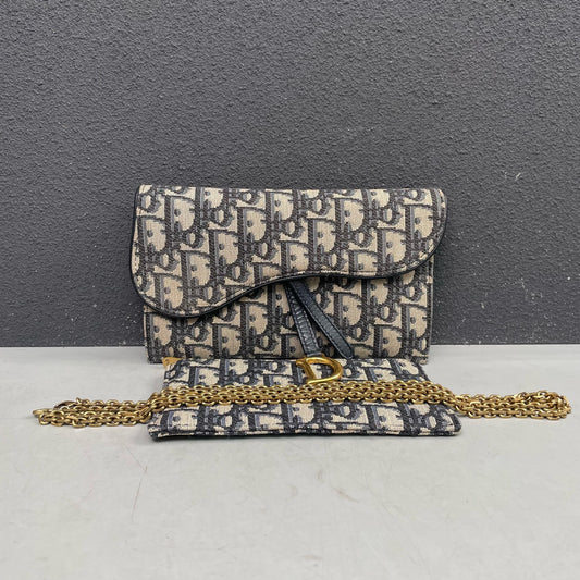 Dior - Saddle Two-in-One WOC Chain Bag - Embroidered Oblique canvas with leather trim - Blue - (mini)