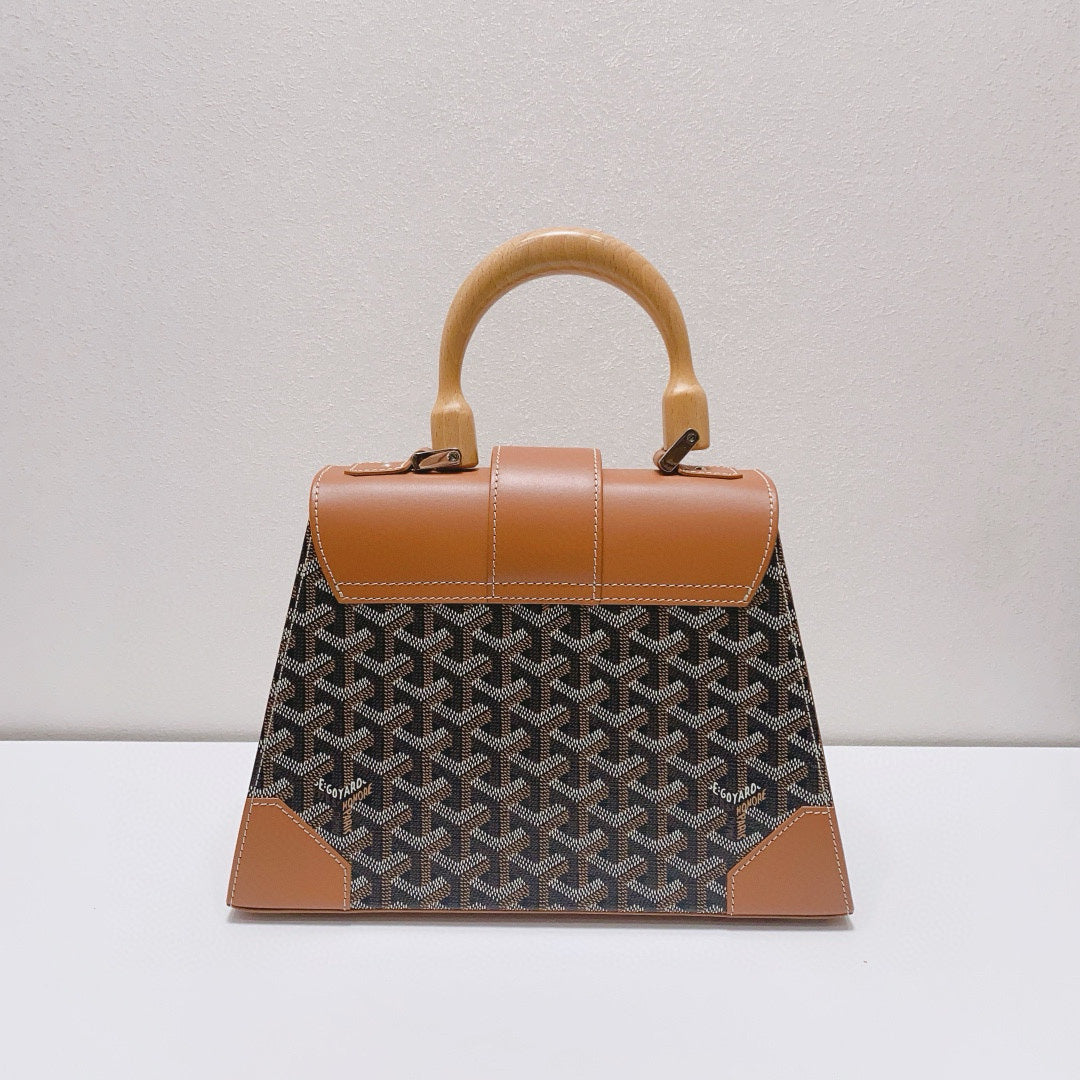 Goyard - Saigon PM (Petit Modèle) with Bandouliere - Goyardine canvas with leather trim and wooden handle - Brown (Goyardine monogram) with Caramel leather - (Small)