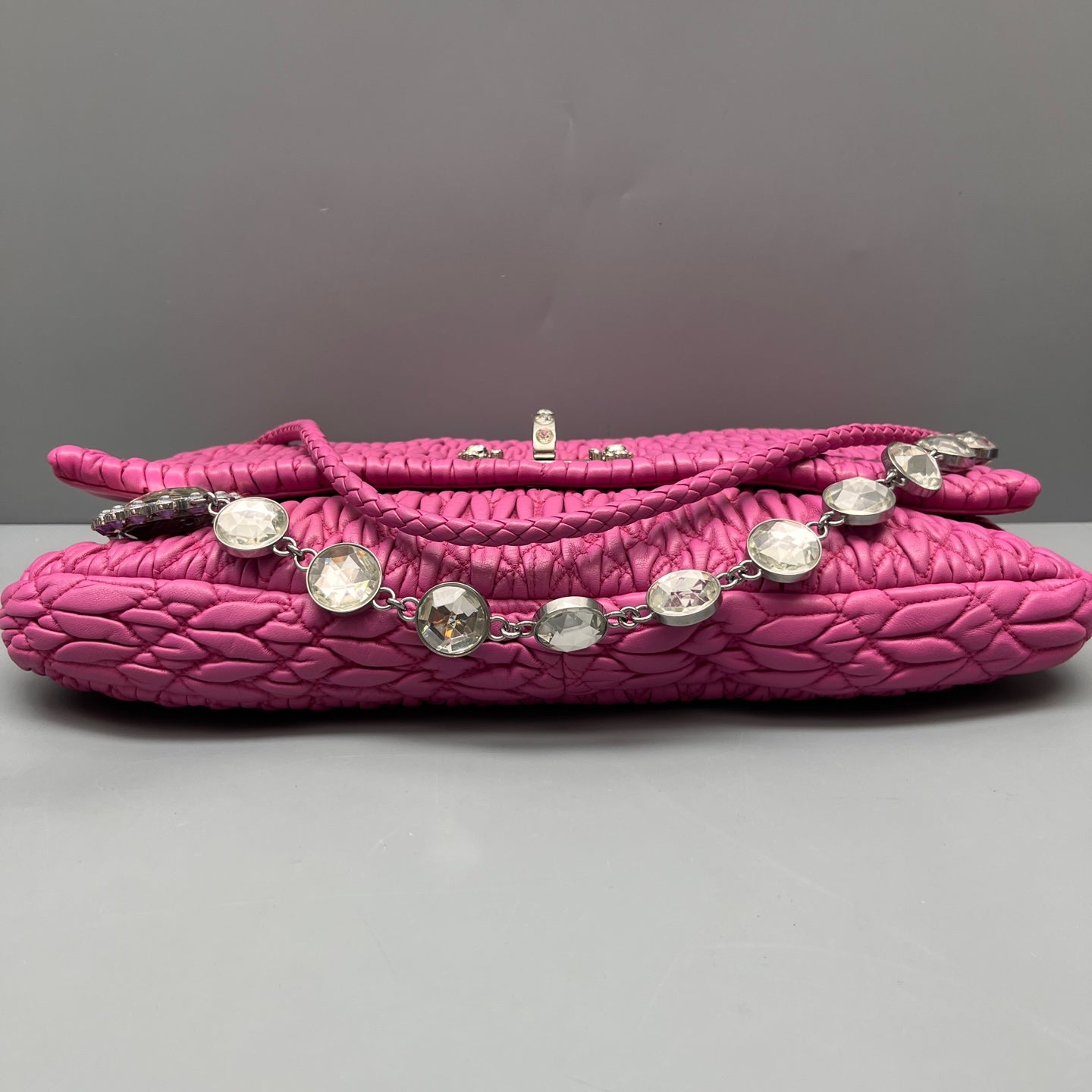 Miu Miu - Ruched Gemstone Chain Flap Shoulder Bag - Leather - Pink - (Medium)