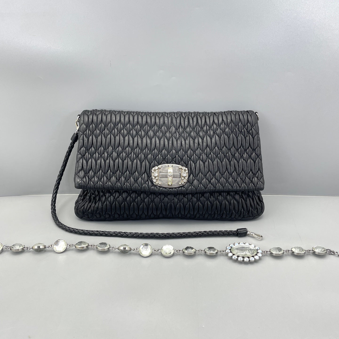 Miu Miu - Matelassé Gem-Embellished Chain Shoulder Bag / Clutch - Leather - Black - (medium)