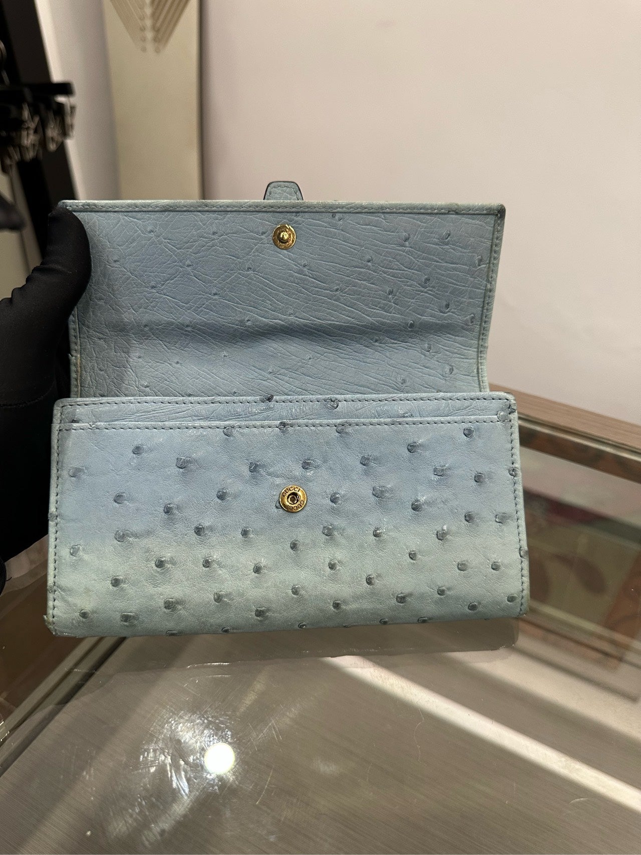 Gucci - Ostrich Leather Flap Wallet - Ostrich leather - Sky Blue with Gold-Tone Hardware - (Medium)