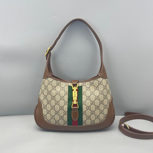 Gucci - Jackie 1961 Medium Shoulder Bag - GG Supreme canvas and Leather - Beige with Caramel accents and Green/Red Web - (medium)