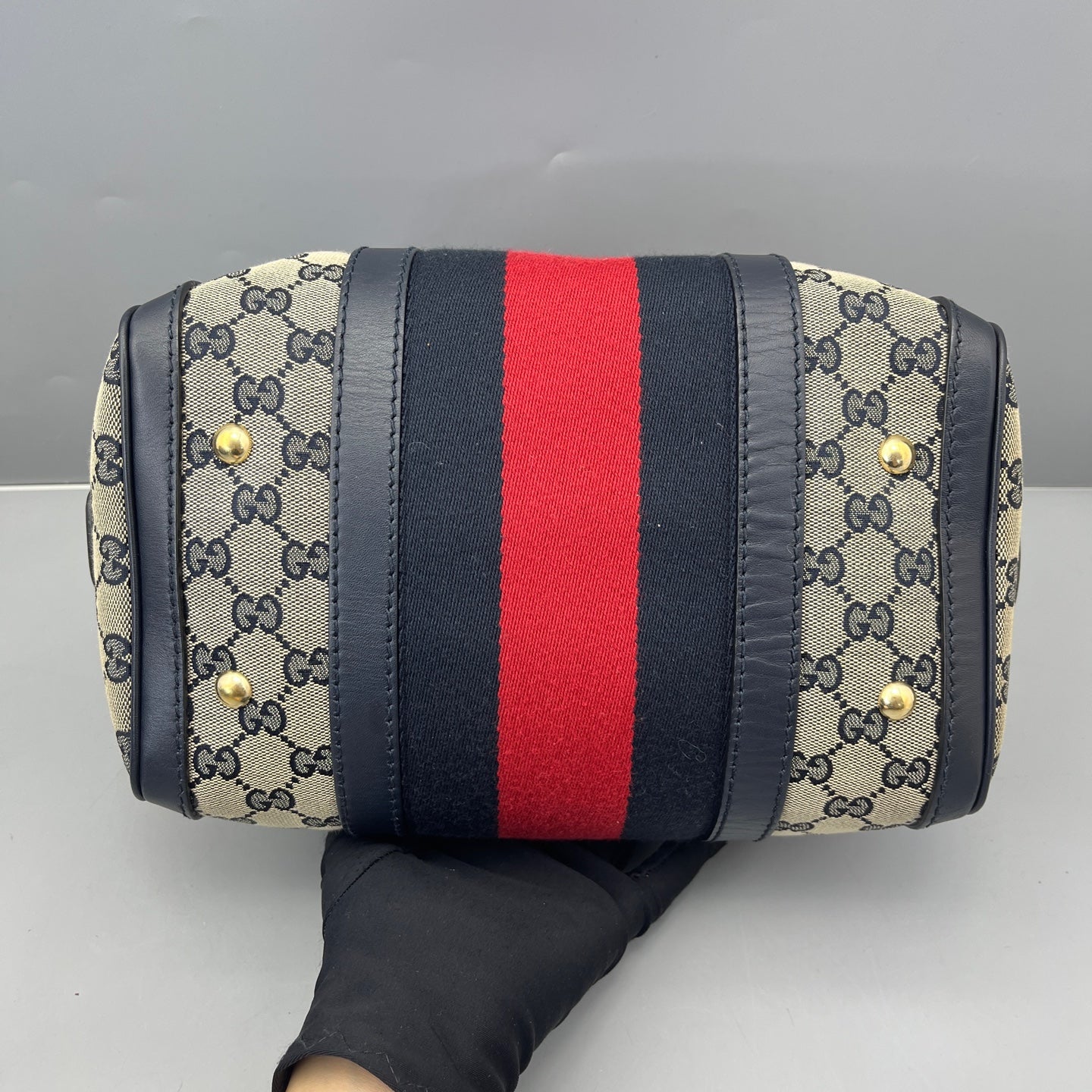 Gucci - GG Monogram Boston Bag with Web Stripe - Canvas with Leather trim - Beige and Blue - (Small)