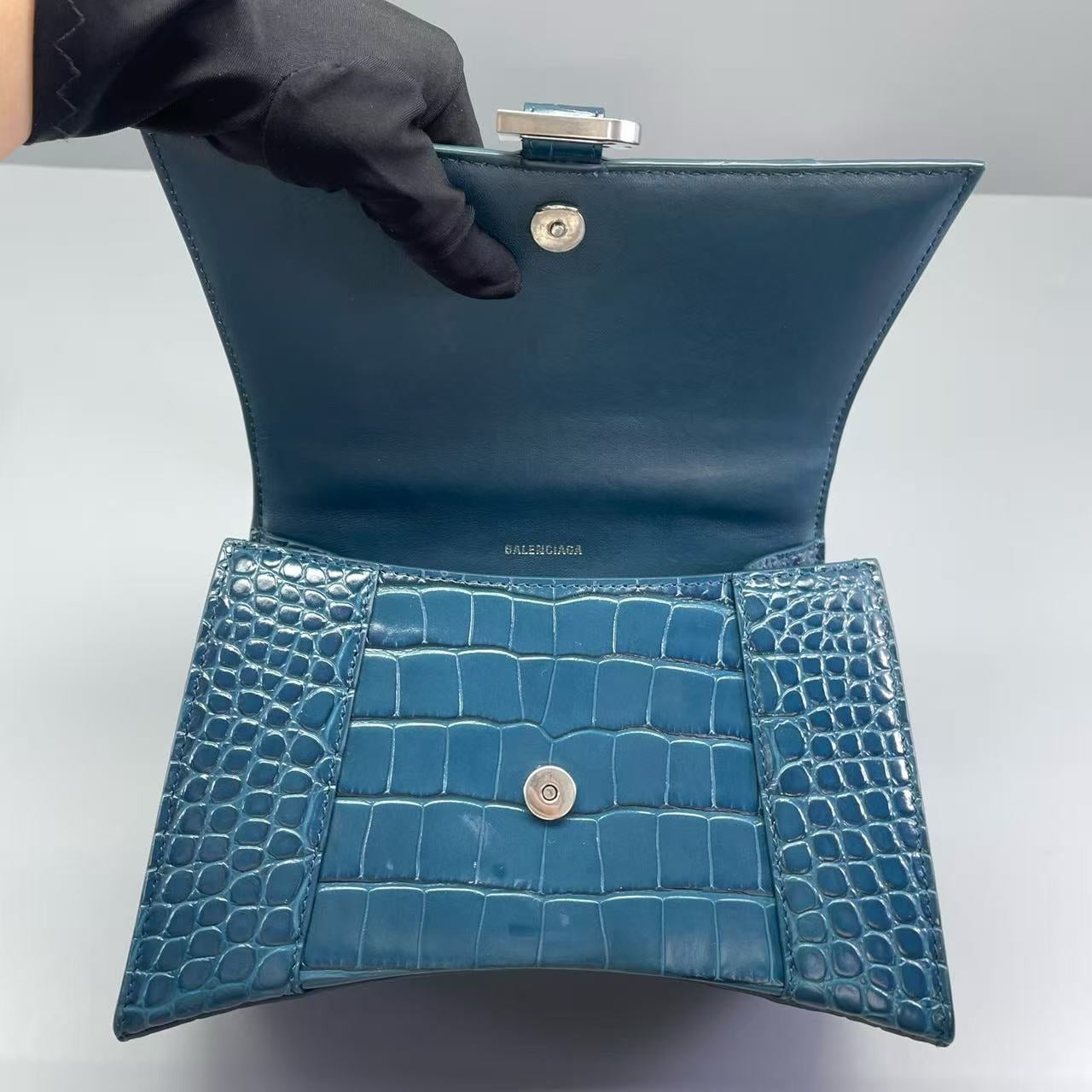 Balenciaga - Hourglass Bag S - Calfskin leather with crocodile embossing - Blue - (small)