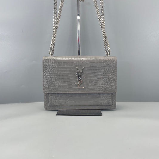 Saint Laurent - Sunset - Calfskin leather with crocodile embossing - Grey - (Medium)