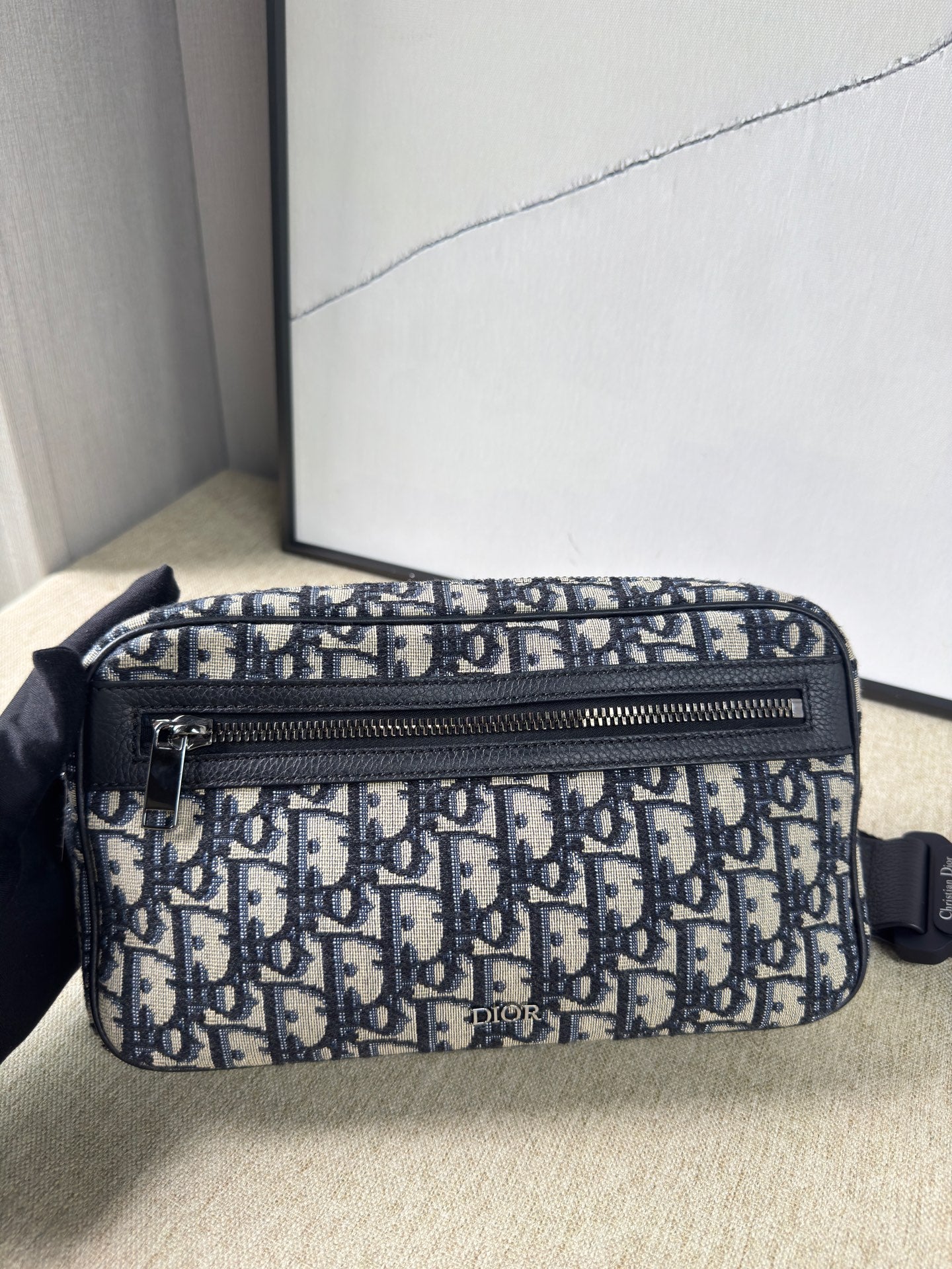Dior - Dior Oblique Waist Bag - Embroidered Canvas with Leather Trim - Navy and Beige - (Small)