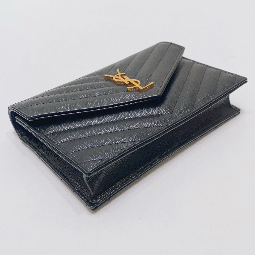 Saint Laurent - Monogram Envelope Chain Wallet - Grained calfskin leather - Black - (mini)