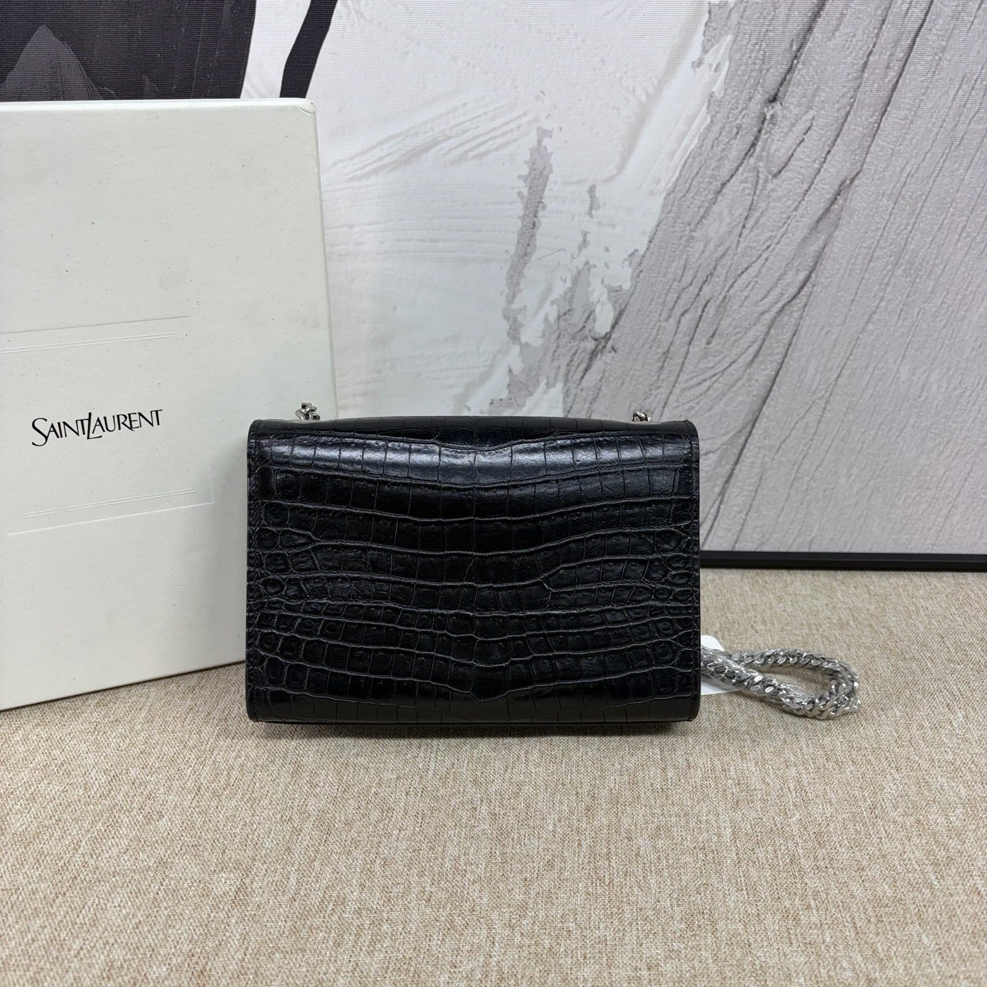 Saint Laurent - Kate Tassel Chain Bag - Calfskin leather with crocodile embossing - Black with Silver-Tone Hardware - (Small)