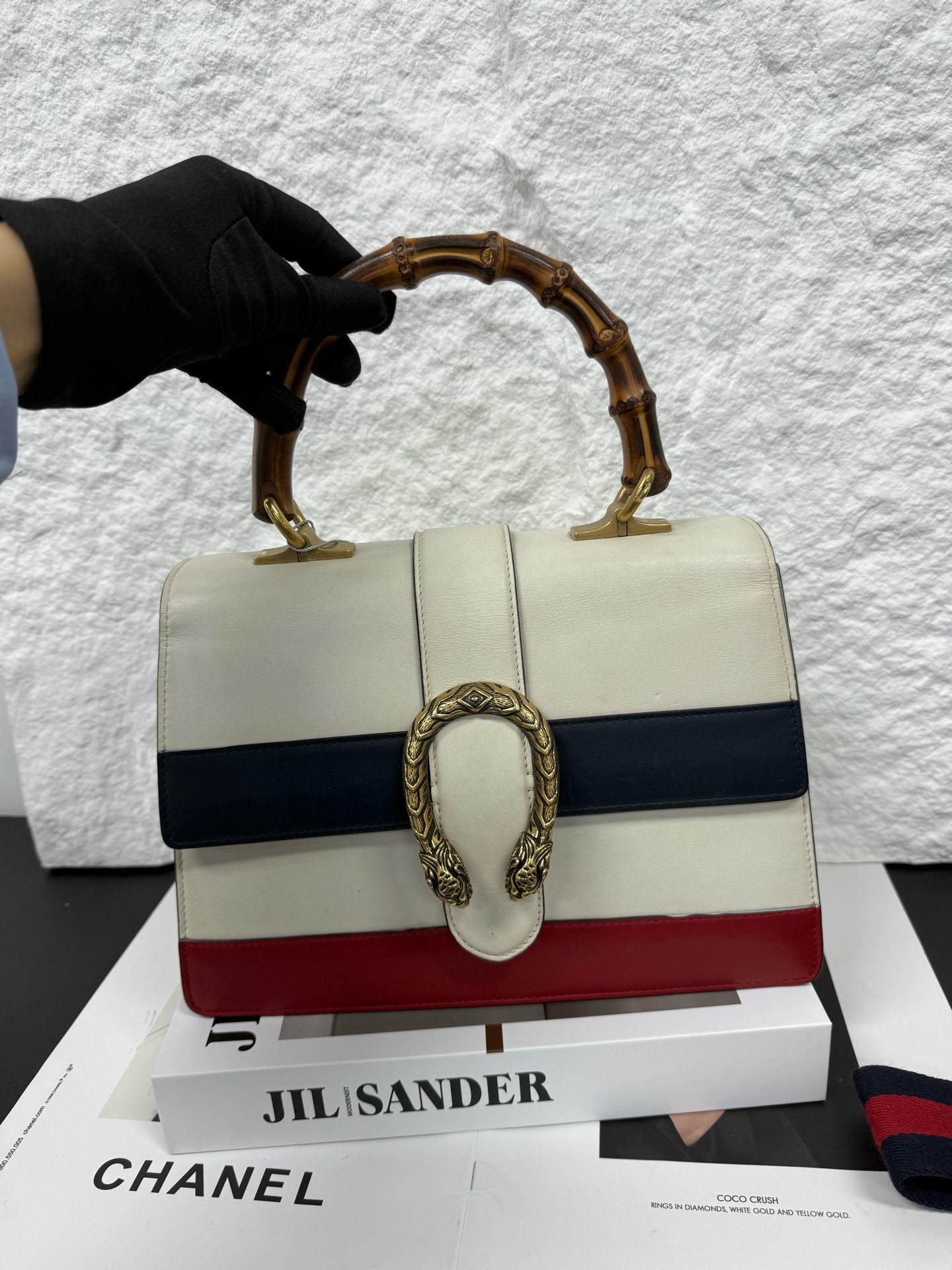 Gucci - Dionysus Bamboo Top Handle Bag - Leather with bamboo handle - Off-white, Red and Navy with brown bamboo - (medium)