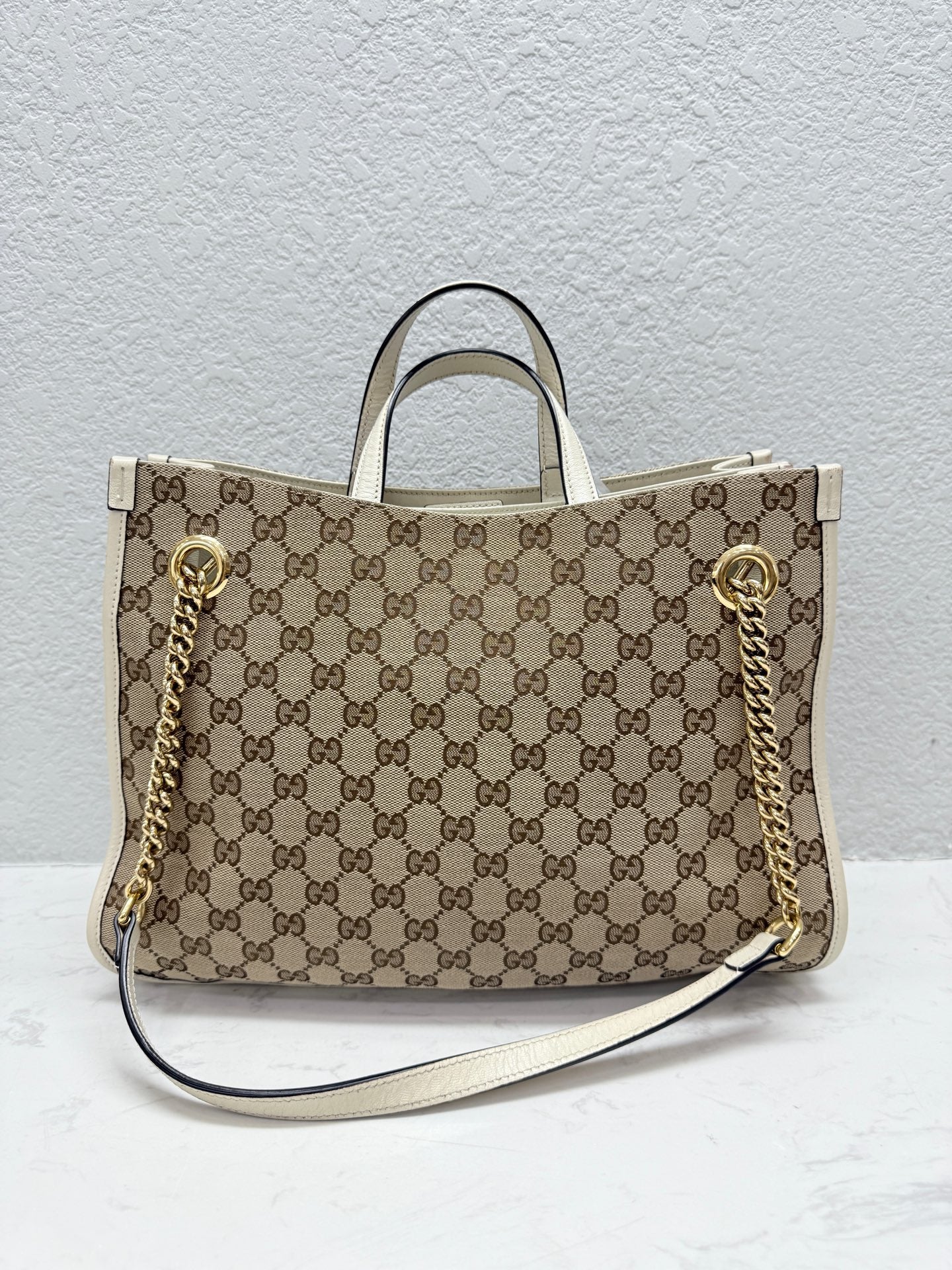 Gucci - 1955 Horsebit Tote - GG Supreme Canvas with Leather Trim - Beige and Cream - (medium)