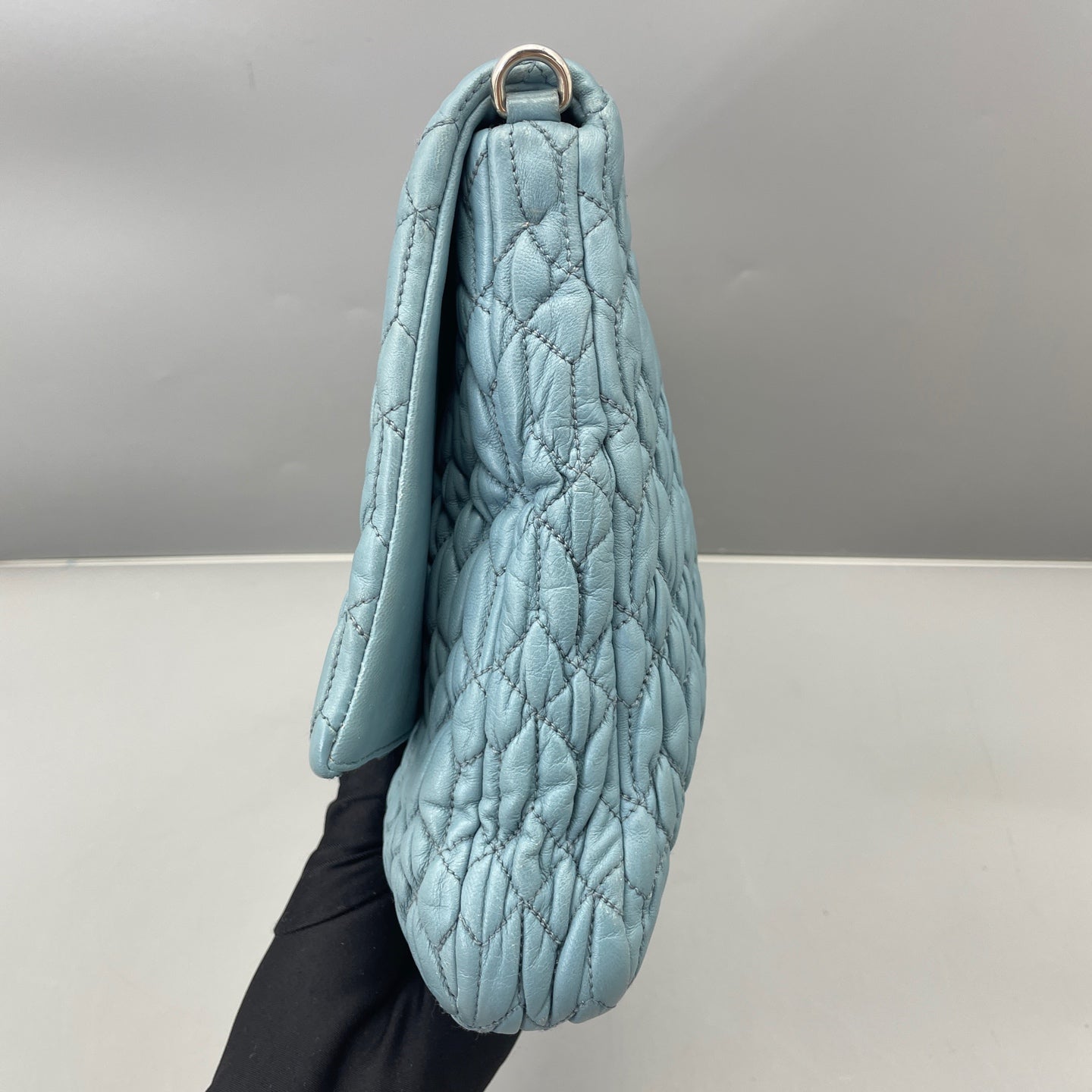 Miu Miu - Matelassé Gemstone Chain Pleated Bag - Leather - Blue - (medium)