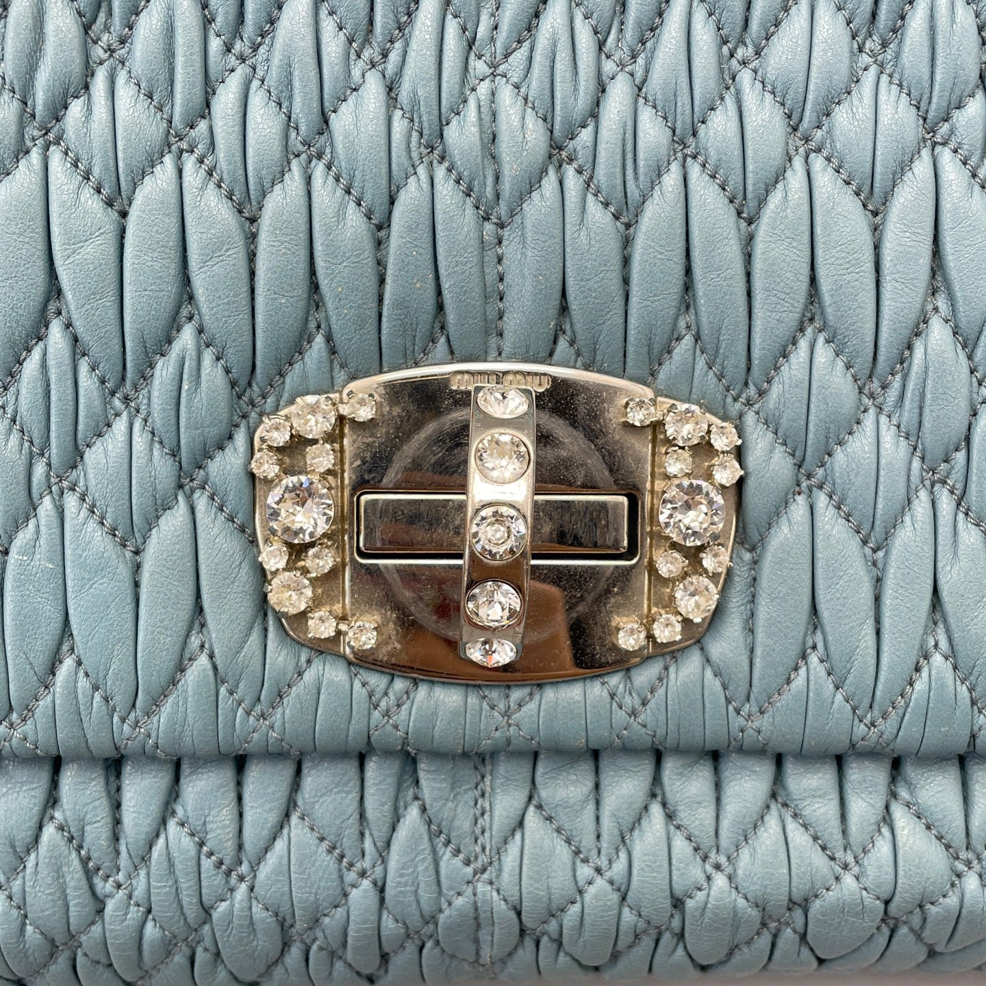 Miu Miu - Matelassé Gemstone Chain Pleated Bag - Leather - Blue - (medium)