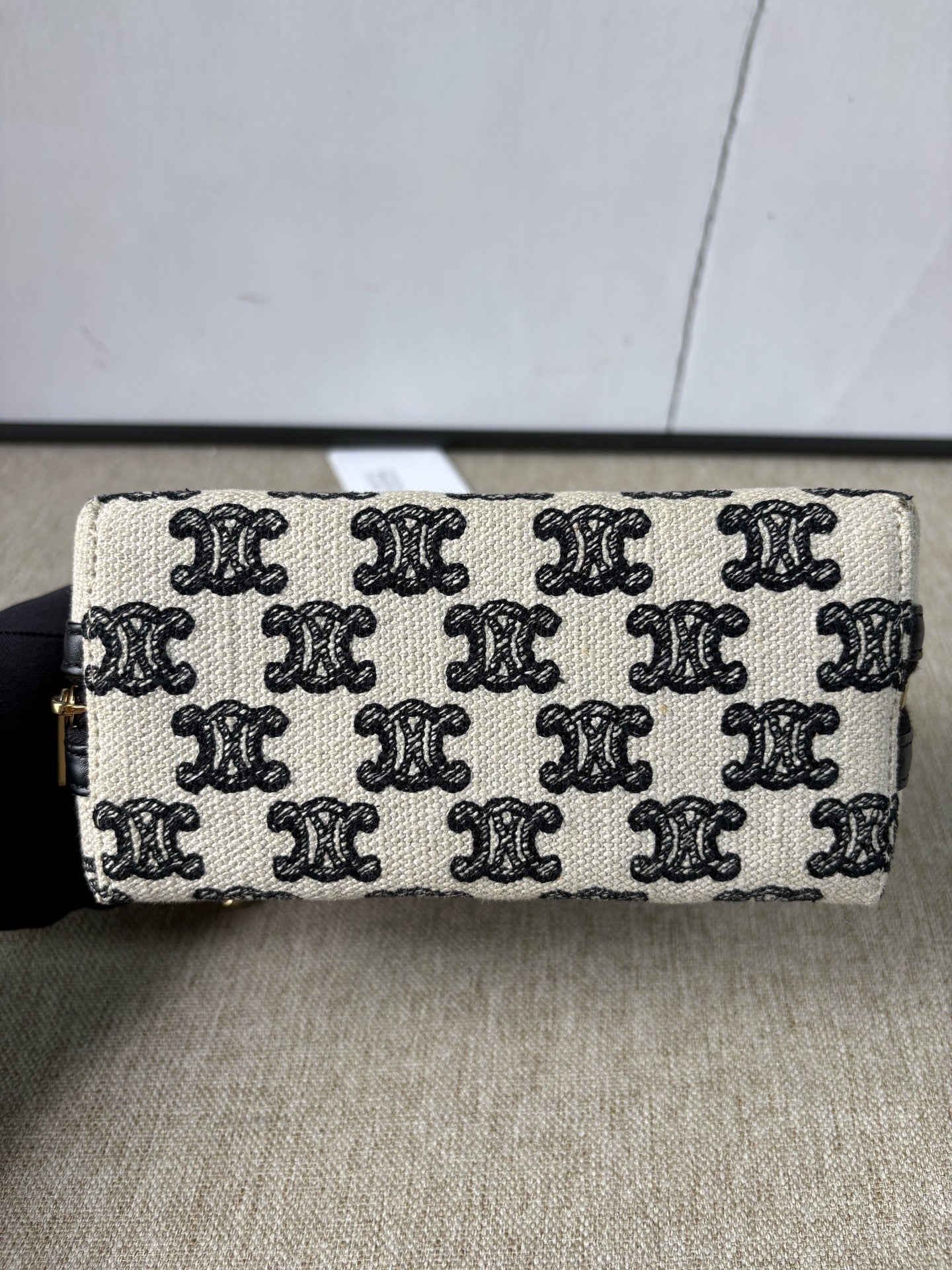 Celine - Mini Triomphe Canvas Pouch with Chain - Triomphe Canvas and Calfskin Leather - Beige, Black, Gold-Tone Hardware - (mini)