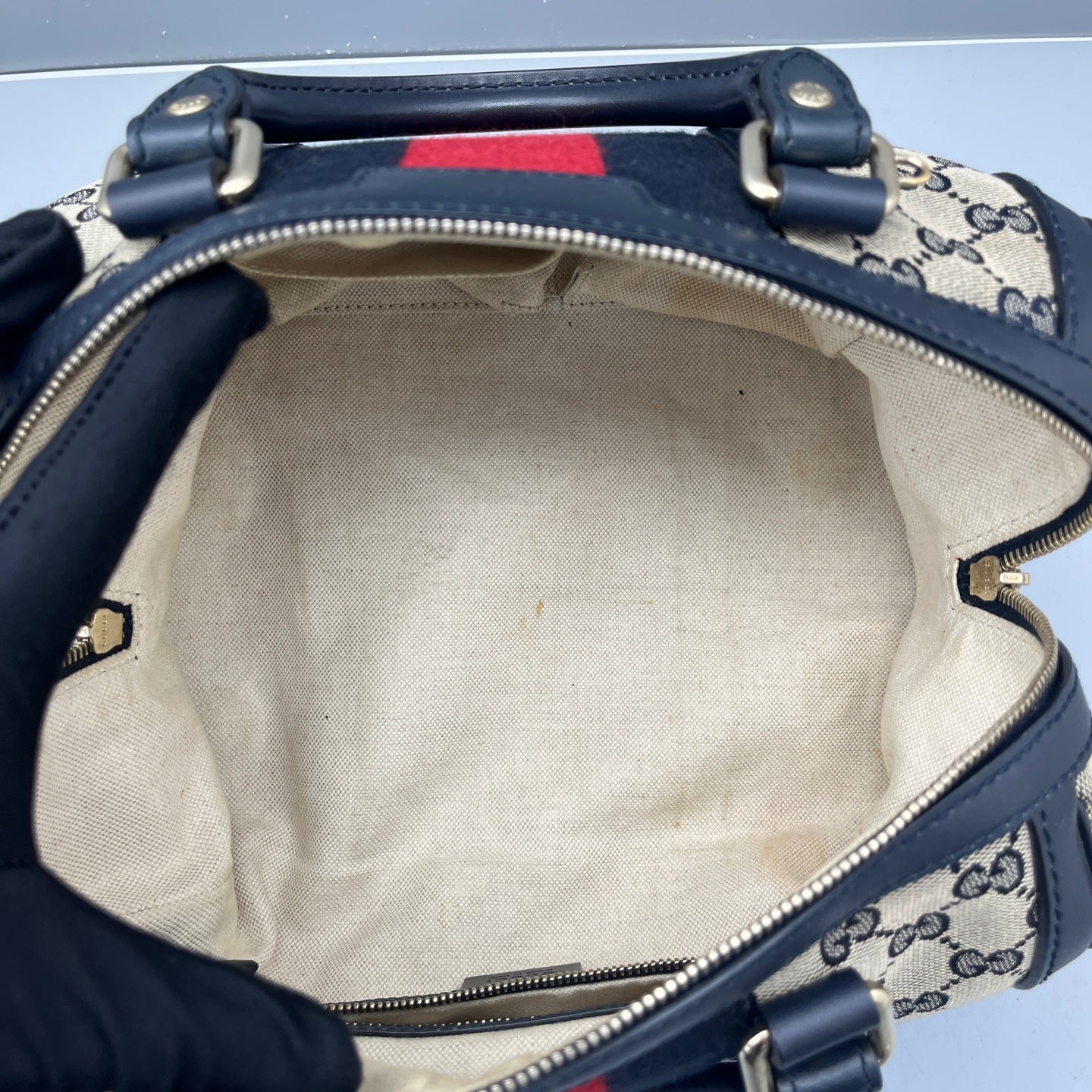 Gucci - GG Monogram Boston Bag with Web Stripe - Canvas with Leather trim - Beige and Blue - (Small)