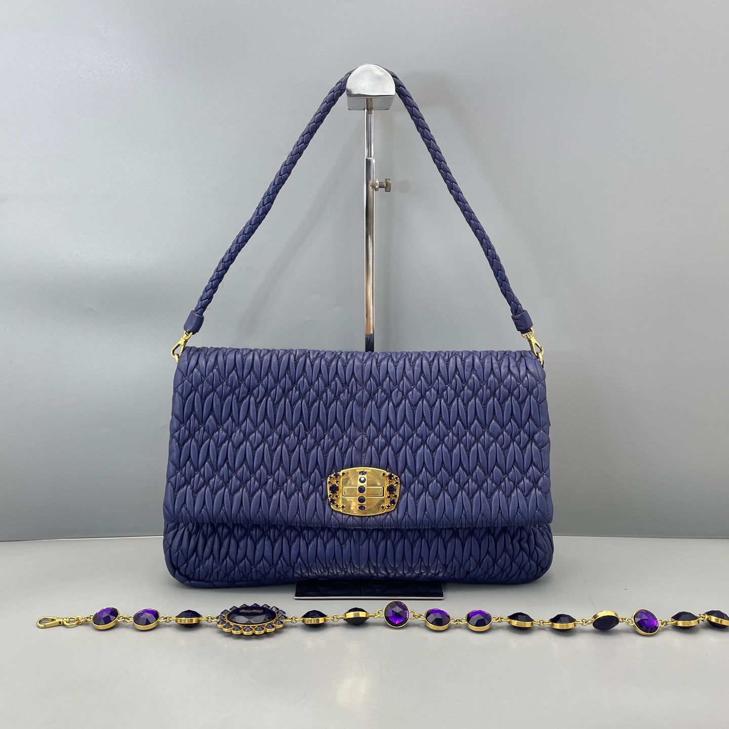 Miu Miu - Matelassé Gemstone Chain Bag - Leather - Blue - (Medium)