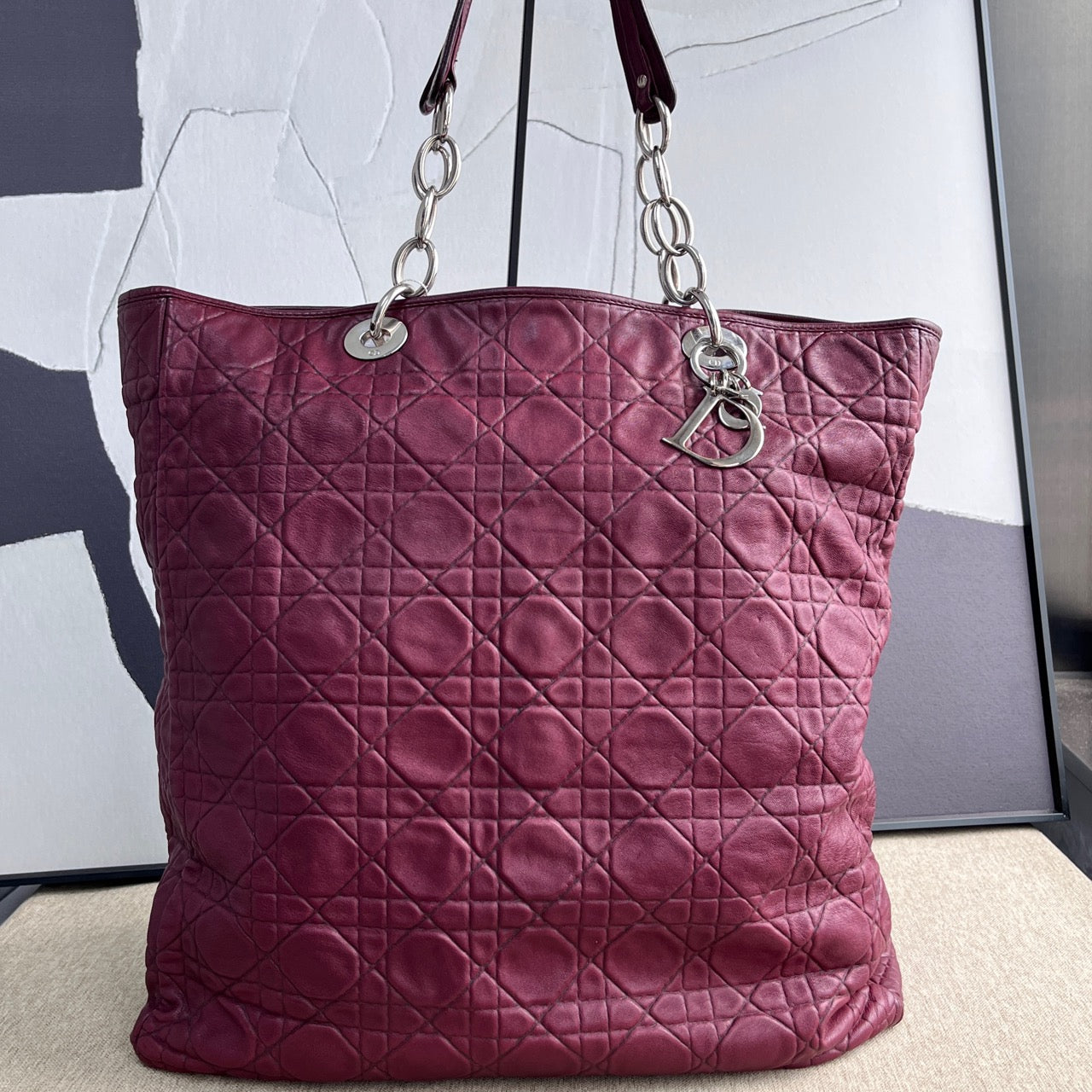 Dior - Lady Dior Cannage Tote Bag - Lambskin leather - Burgundy - (medium)