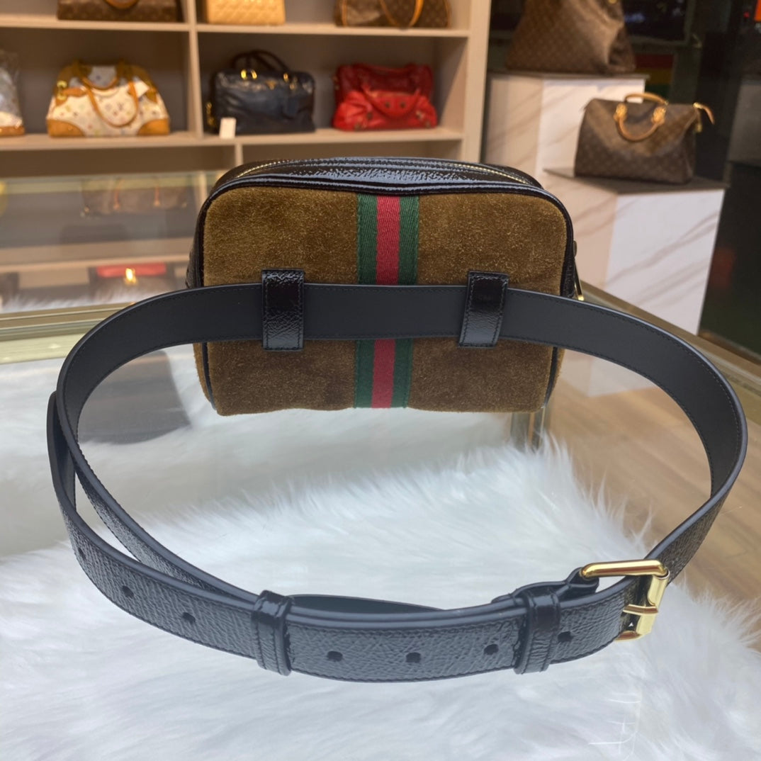 Gucci - Ophidia Belt Bag - Suede with patent leather trim and leather belt - Brown and Black with Red and Green accents - (Small)