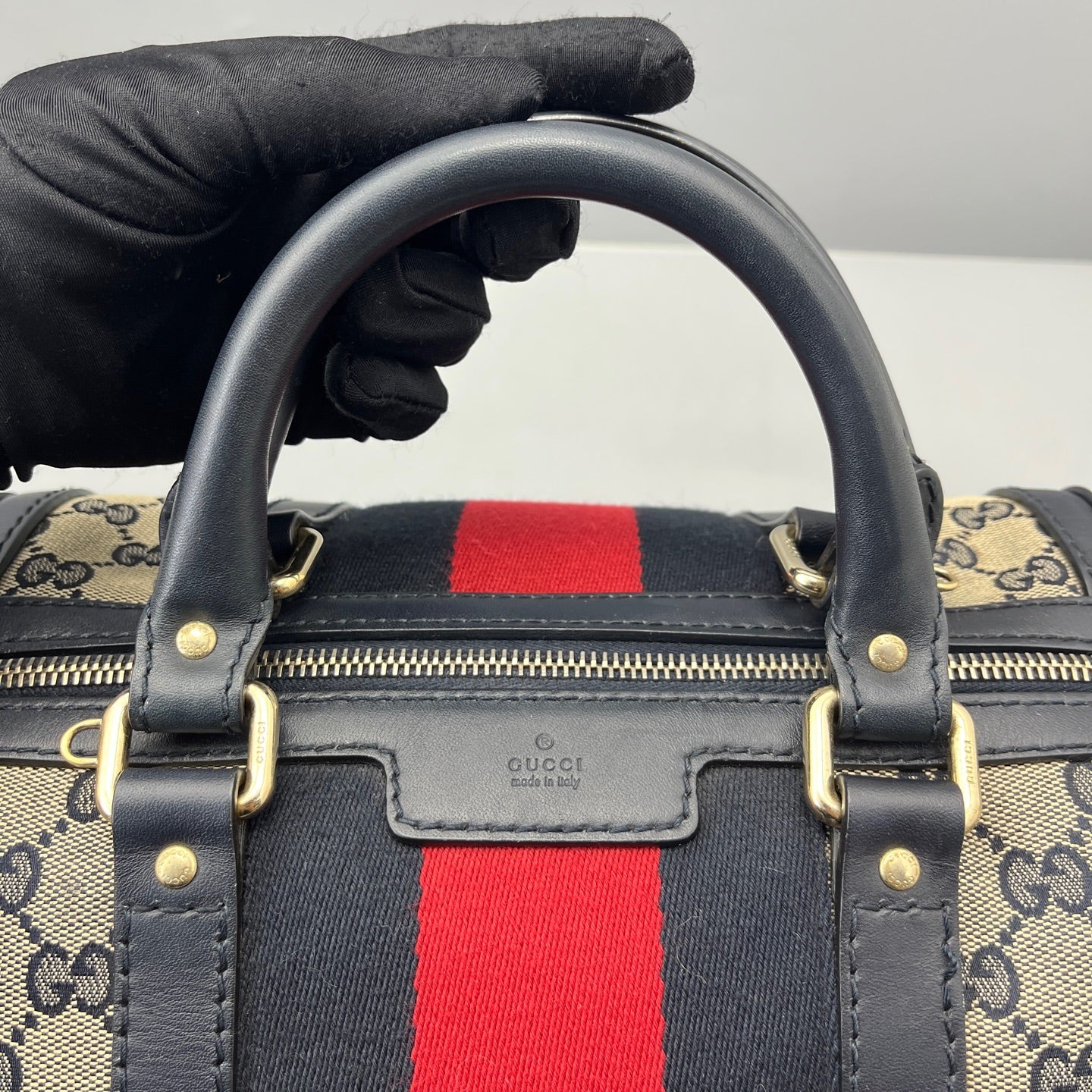 Gucci - GG Monogram Boston Bag with Web Stripe - Canvas with Leather trim - Beige and Blue - (Small)