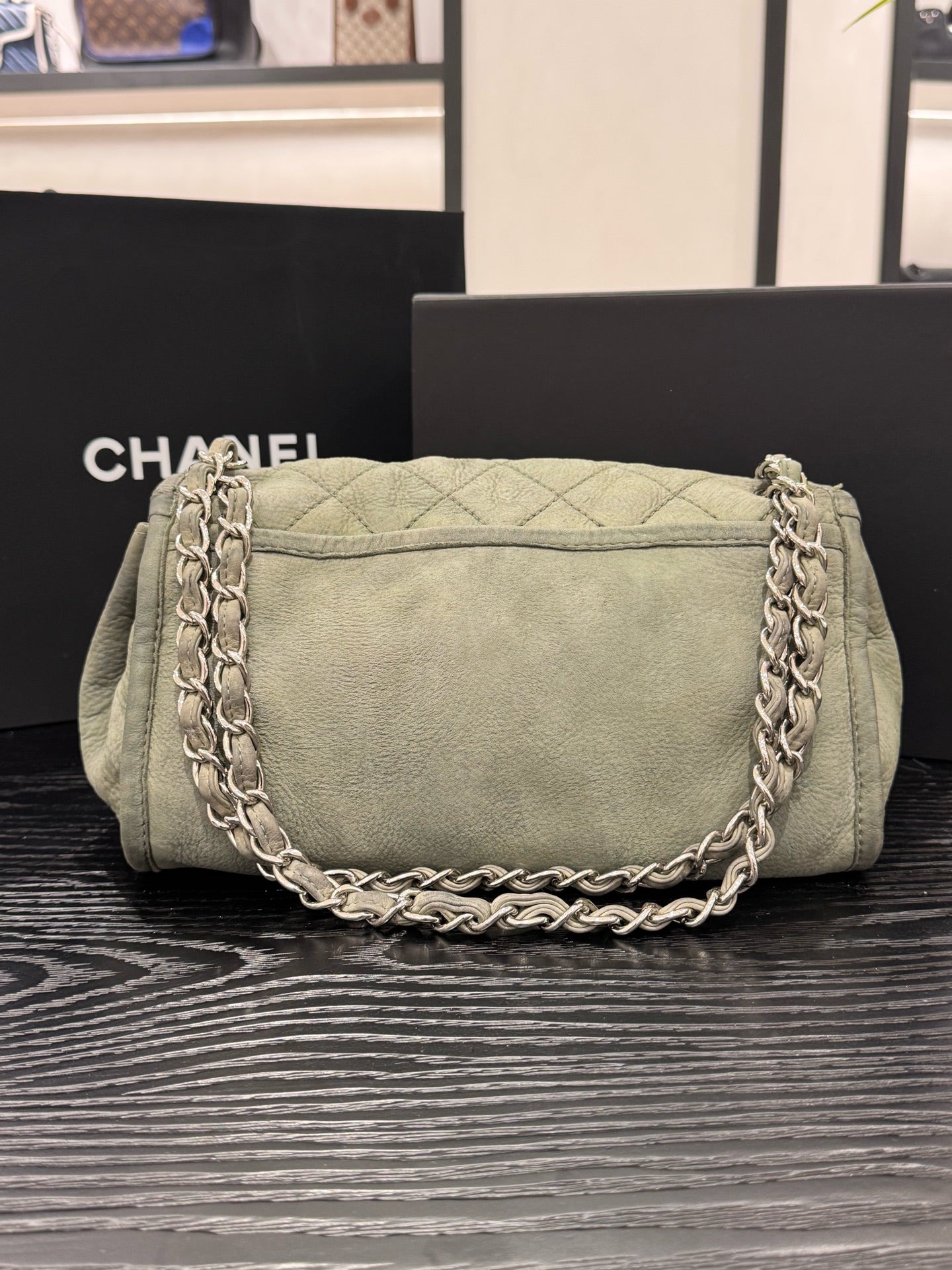 Chanel - Classic Flap Bag - Aged calfskin leather - Muted Sage Green with Silver-Tone Hardware - (small)