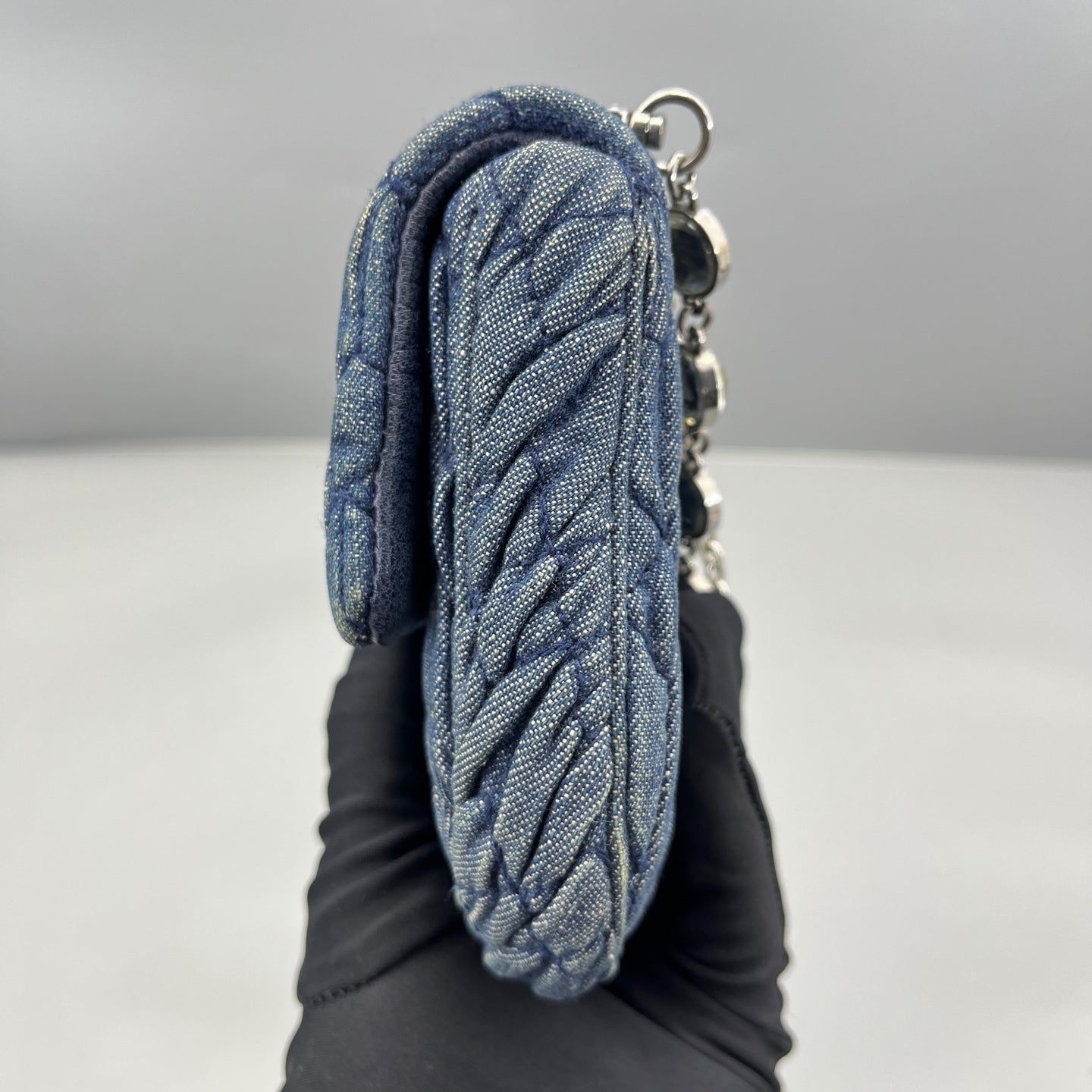 Miu Miu - Matelassé Denim Gemstone Chain Flap Bag - Denim - Blue - (mini)