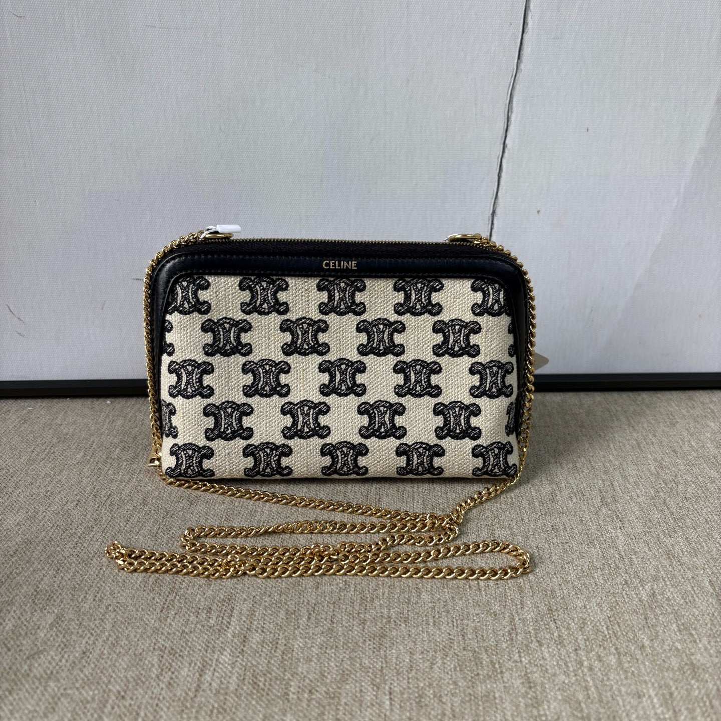 Celine - Mini Triomphe Canvas Pouch with Chain - Triomphe Canvas and Calfskin Leather - Beige, Black, Gold-Tone Hardware - (mini)