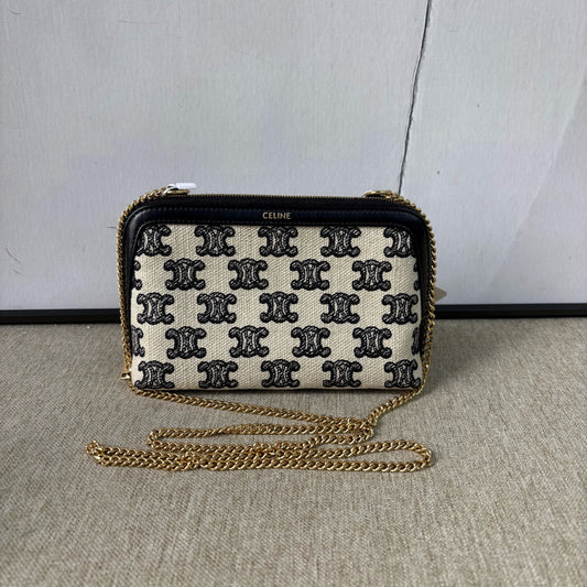Celine - Mini Triomphe Canvas Pouch with Chain - Triomphe Canvas and Calfskin Leather - Beige, Black, Gold-Tone Hardware - (mini)