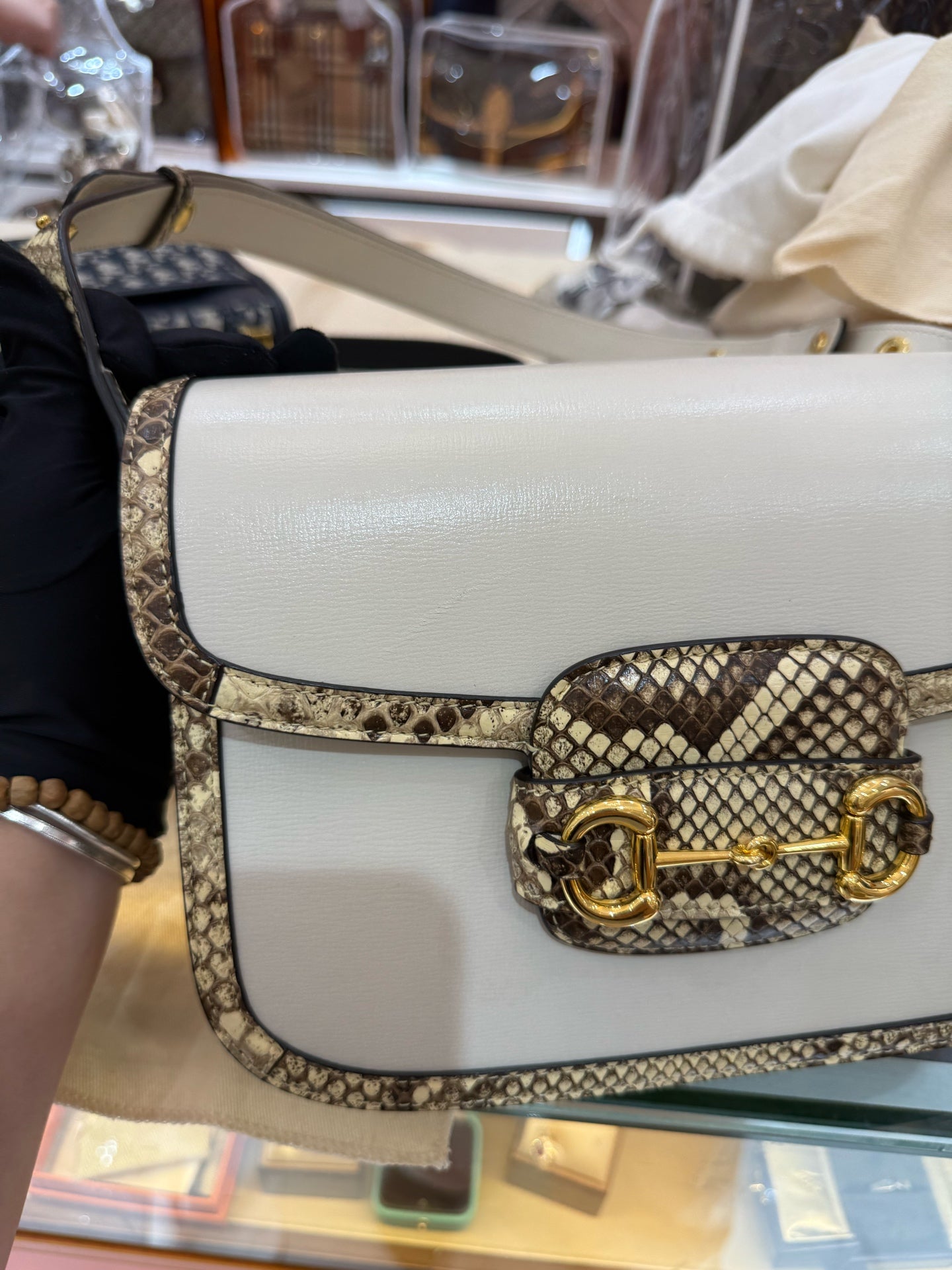 Gucci - 1955 Horsebit Shoulder Bag - White leather with python snakeskin trim - White - (Medium)