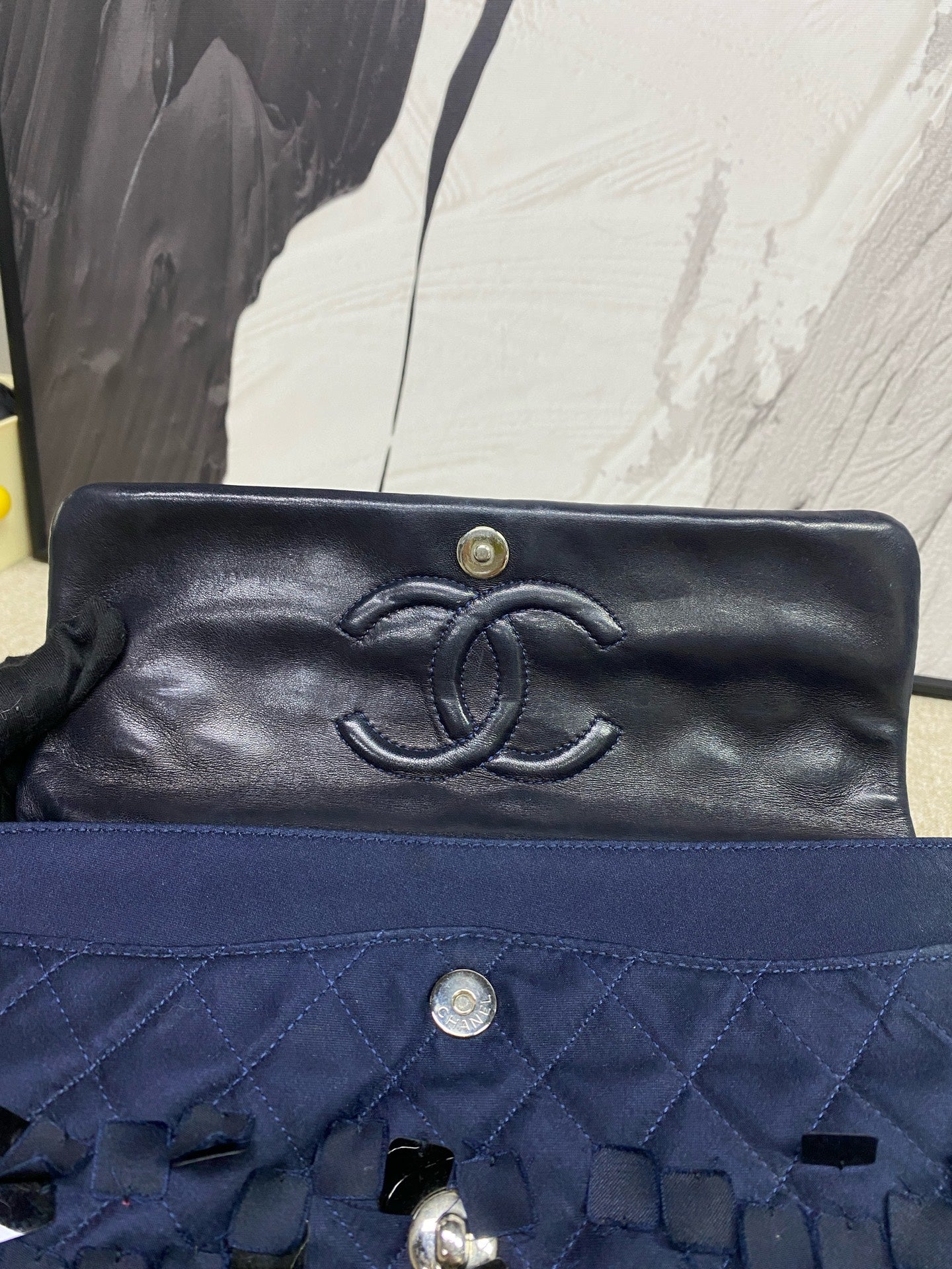 Chanel - Classic Flap Medium Sequined Canvas - Sequined canvas with leather interior - Navy with Silver-Tone Hardware - (Medium)