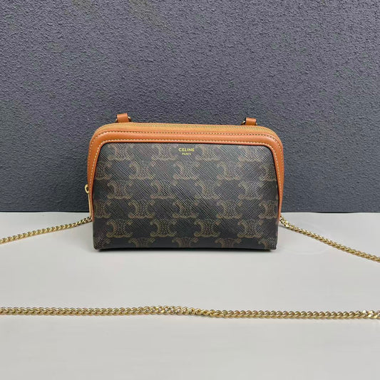 Celine - Triomphe Monogram Shell Chain Bag - Triomphe coated canvas with tan leather trim - Brown - (mini)