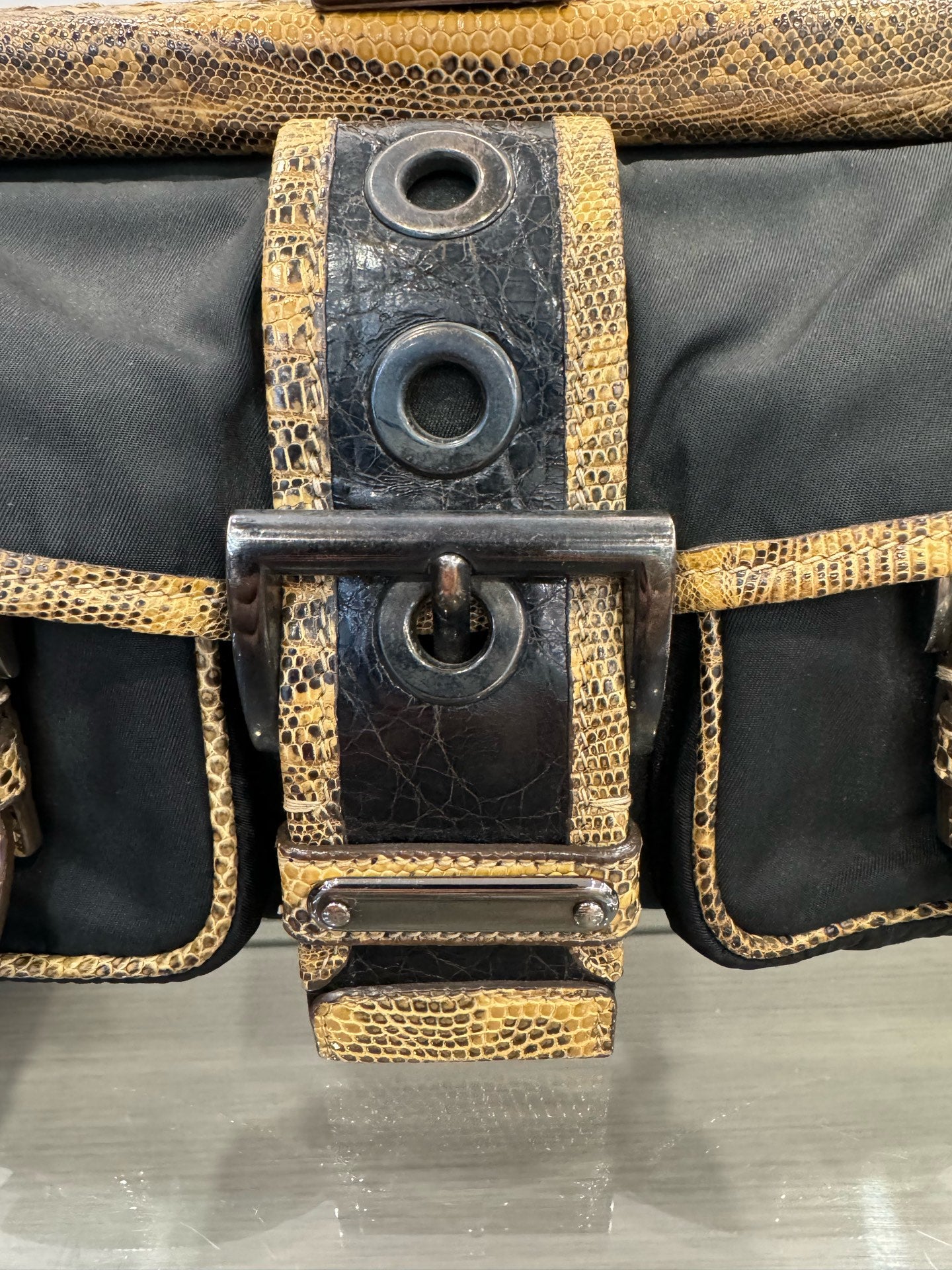 Prada - Lizard Trim Parachute Shoulder Bag - Polyamide nylon with exotic lizard leather patchwork - Black and Multicolour - (medium)
