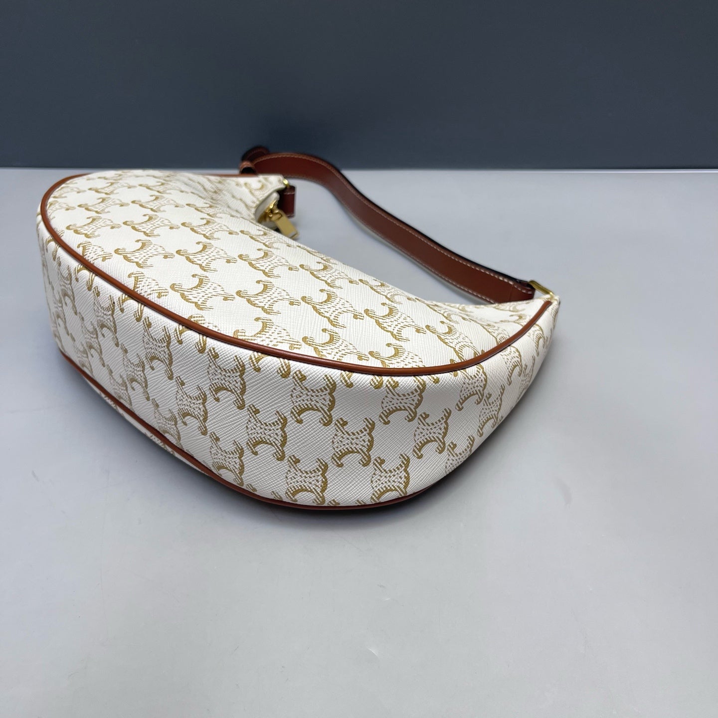 Celine - Ava Triomphe Canvas Shoulder Bag - Coated canvas with leather trim - White with Brown trim - (mini)