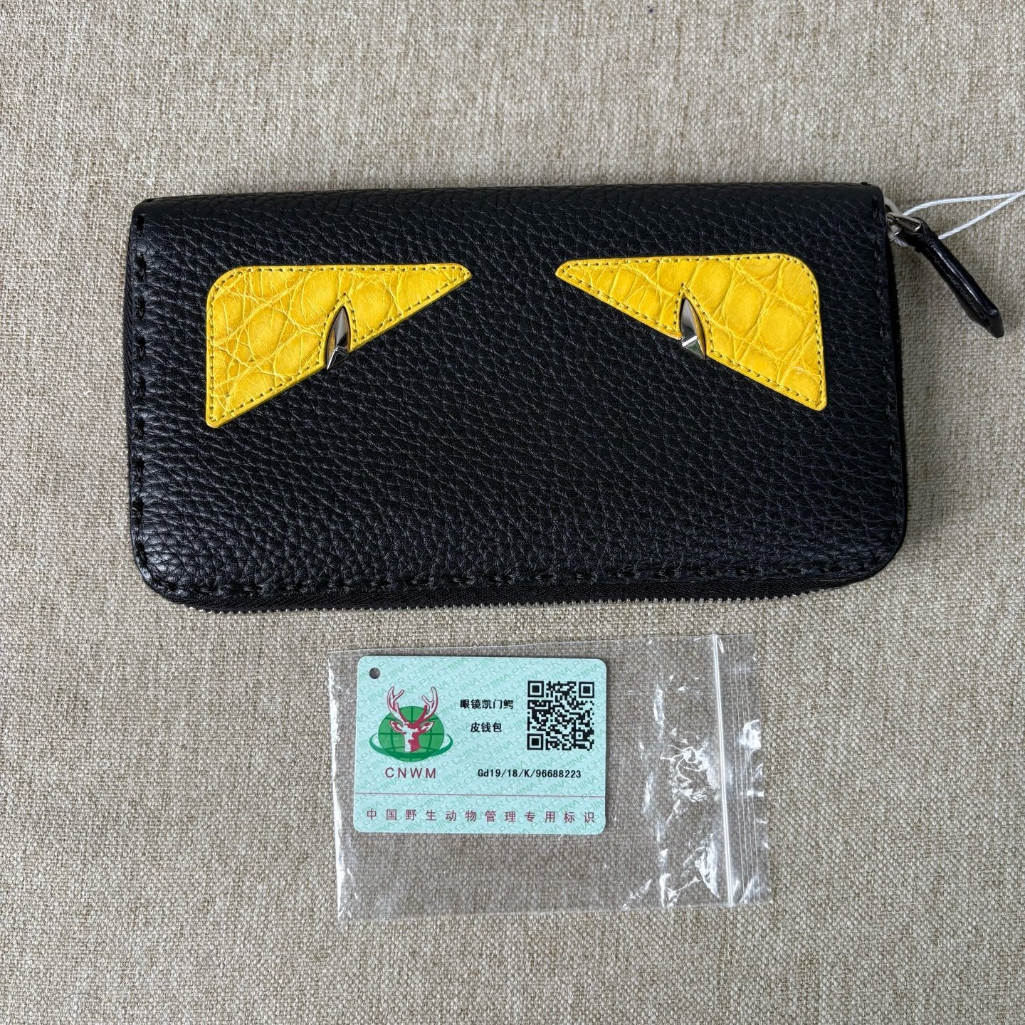 Fendi - Bag Bugs Monster Zip-Around Wallet (7M0210-A3DL-F0R2A) - Pebbled leather and exotic crocodile leather - Black and Yellow - (Medium)