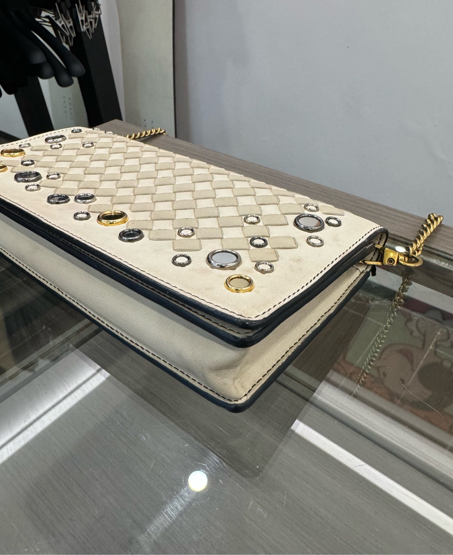 Bottega Veneta - Intrecciato Mirror Studs Wallet on Chain - Leather - White - (mini)