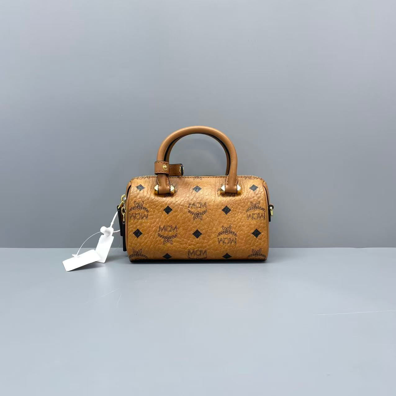 MCM - Boston Mini Bag - Visetos monogrammed leather with leather trim - Cognac brown - (mini)
