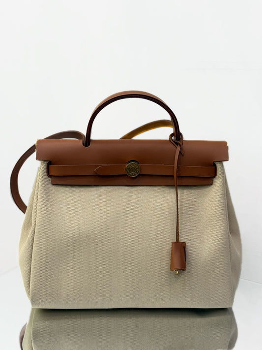 Hermès - Herbag Zip 31 Retourne - Veau Hunter leather and Officier canvas - Golden Brown and Beige - (Medium)