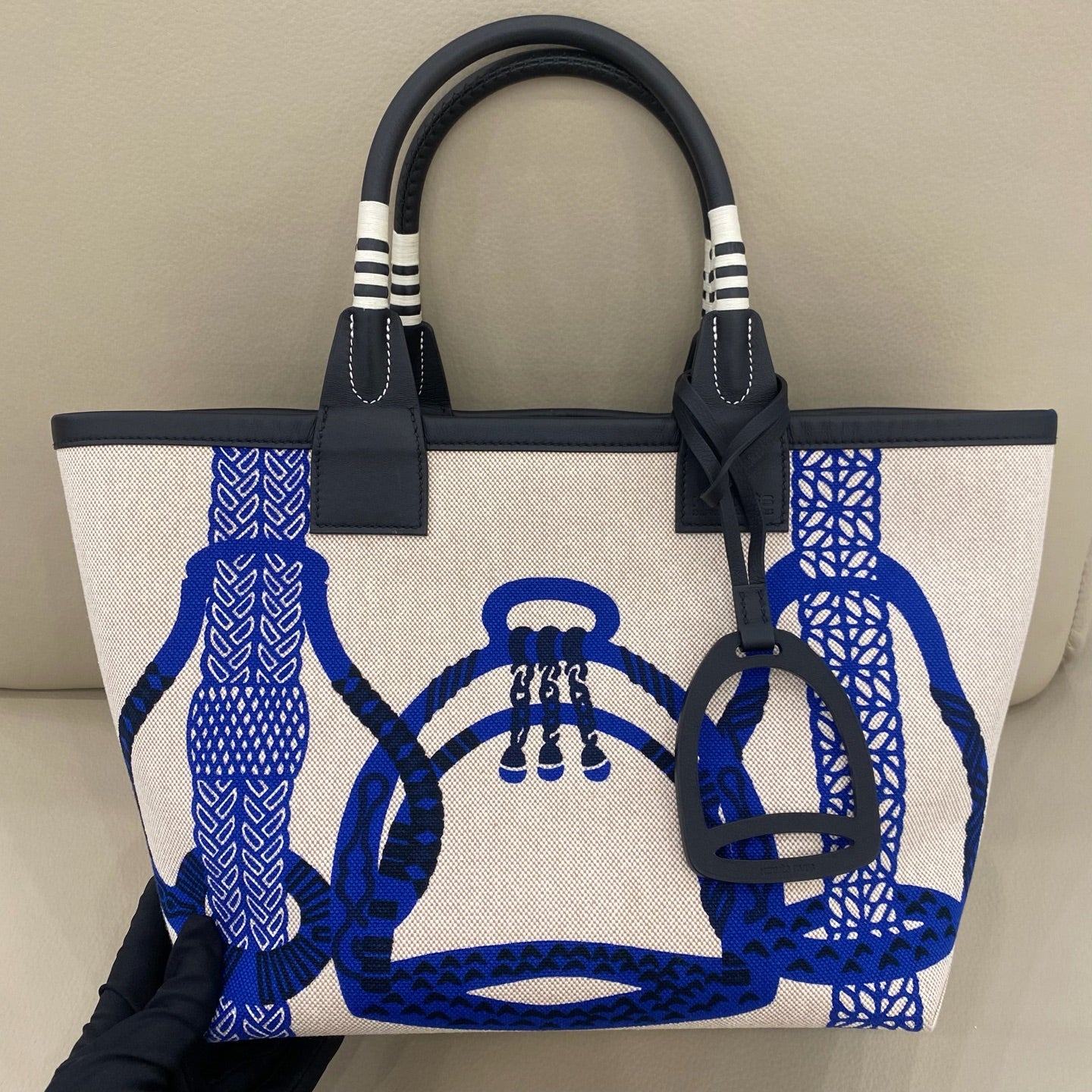 Hermès - Steeple 28cm - Canvas and Leather - Beige and Blue - (medium)