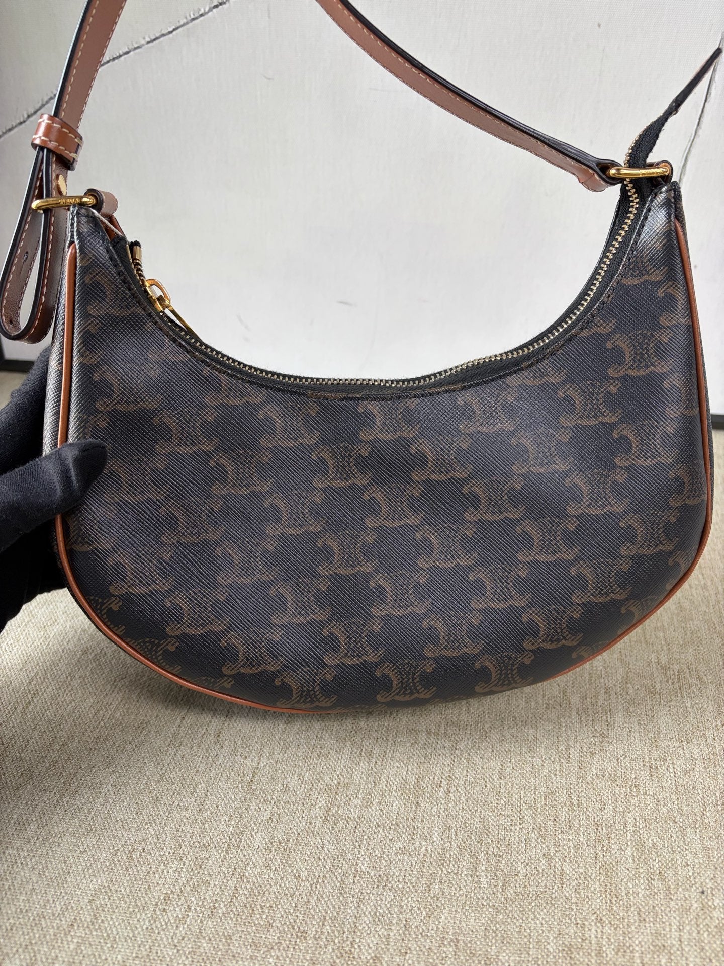 Celine - AVA Classic Triomphe Shoulder Bag - Triomphe coated canvas with calfskin leather trim - Brown - (mini)