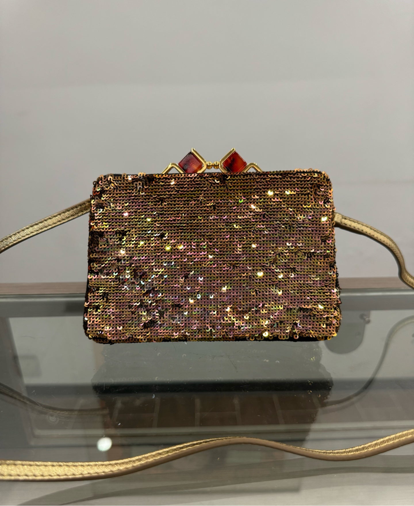 Miu Miu - Sequined Runway Shoulder Bag with Gemstone Clasp - Sequins on textile with leather trim and gold-tone metal frame - Multicolour (predominantly pink and gold iridescent sequins) - (mini)