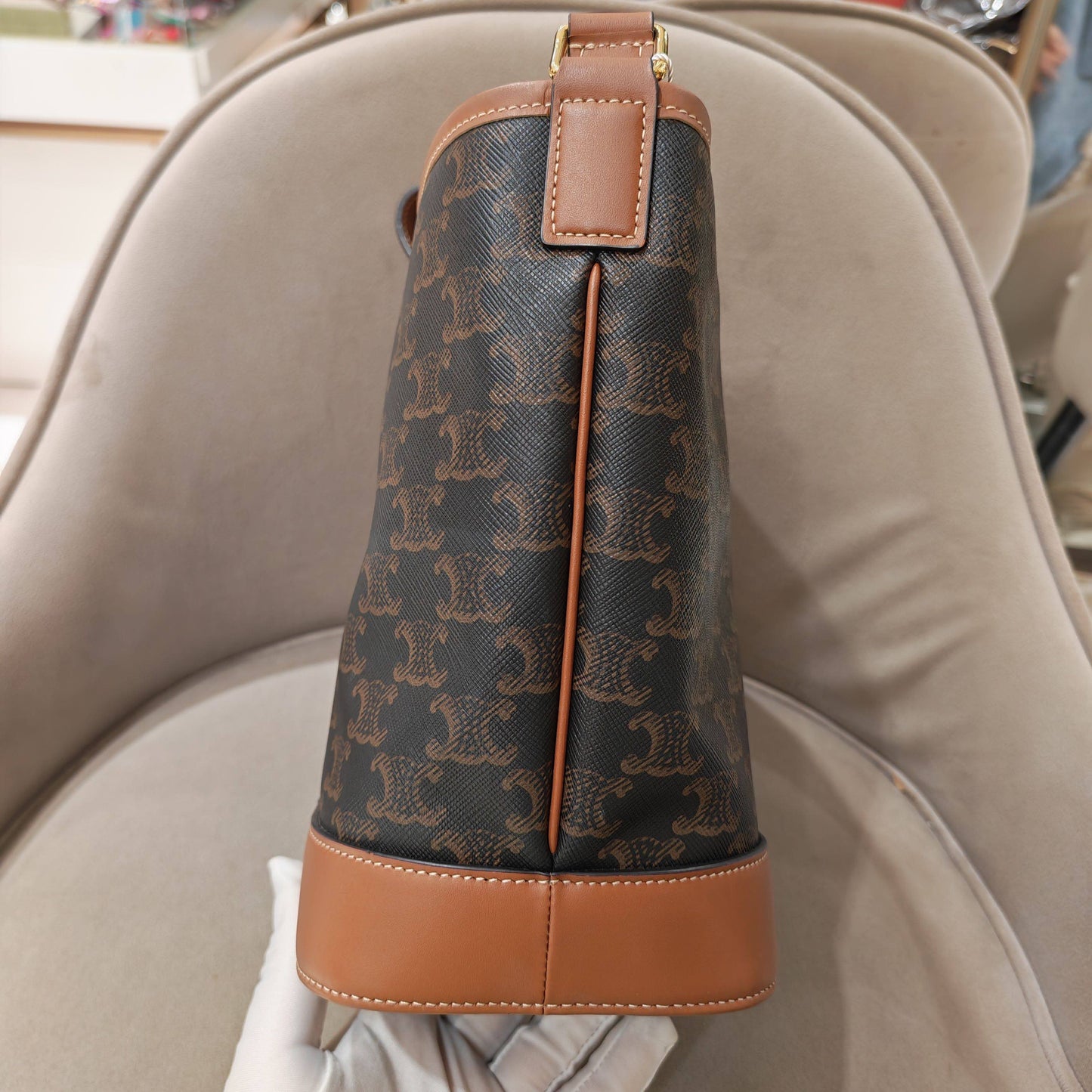 Celine - Triomphe Canvas Small Bucket Bag - Triomphe Canvas with calfskin leather trim - Brown - (small)