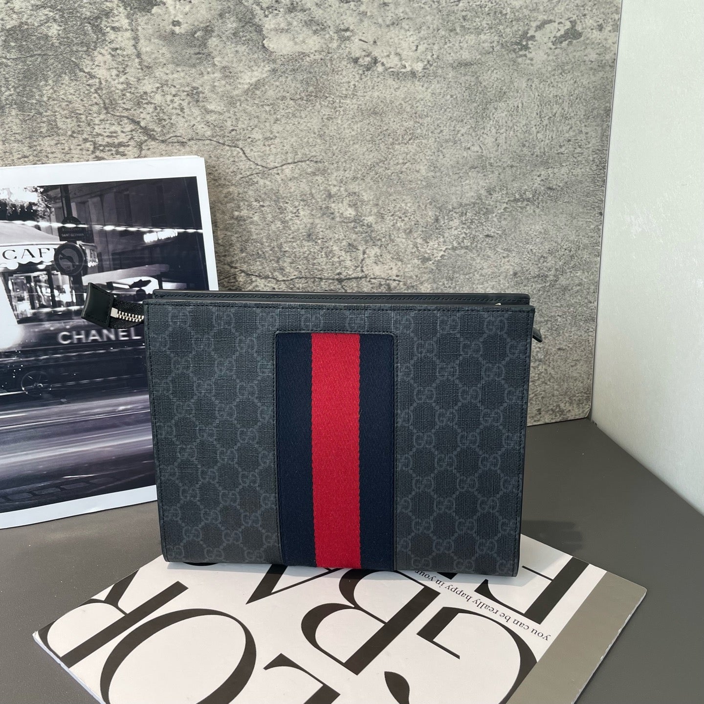 Gucci - GG Supreme Web Stripe Pouch - Coated canvas with leather trim and textile Web stripe - Grey with Red and Blue accents - (Medium)