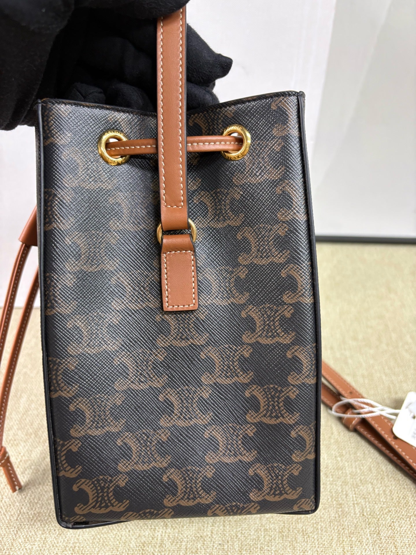 Celine - Sailor Bucket Bag - Triomphe coated canvas with calfskin leather trim and canvas lining - Black and Brown - (mini)