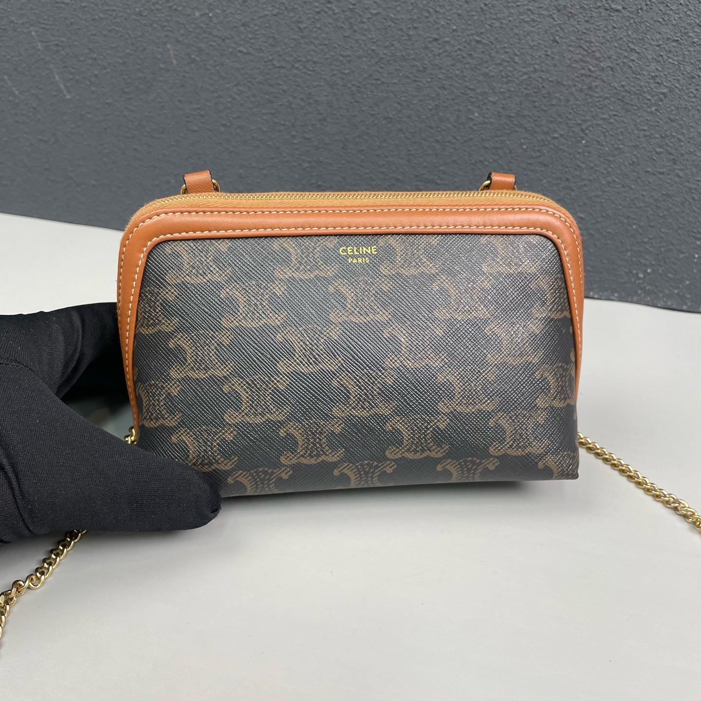 Celine - Triomphe Monogram Shell Chain Bag - Triomphe coated canvas with tan leather trim - Brown - (mini)